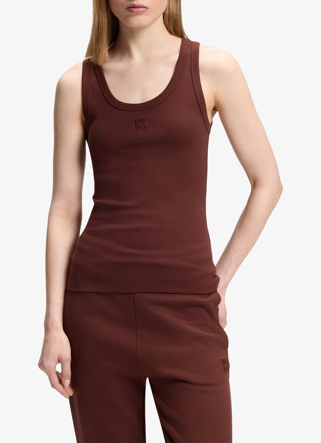 HUGO Tanktop met ribstructuur - detail brown overflow-904 / bruin