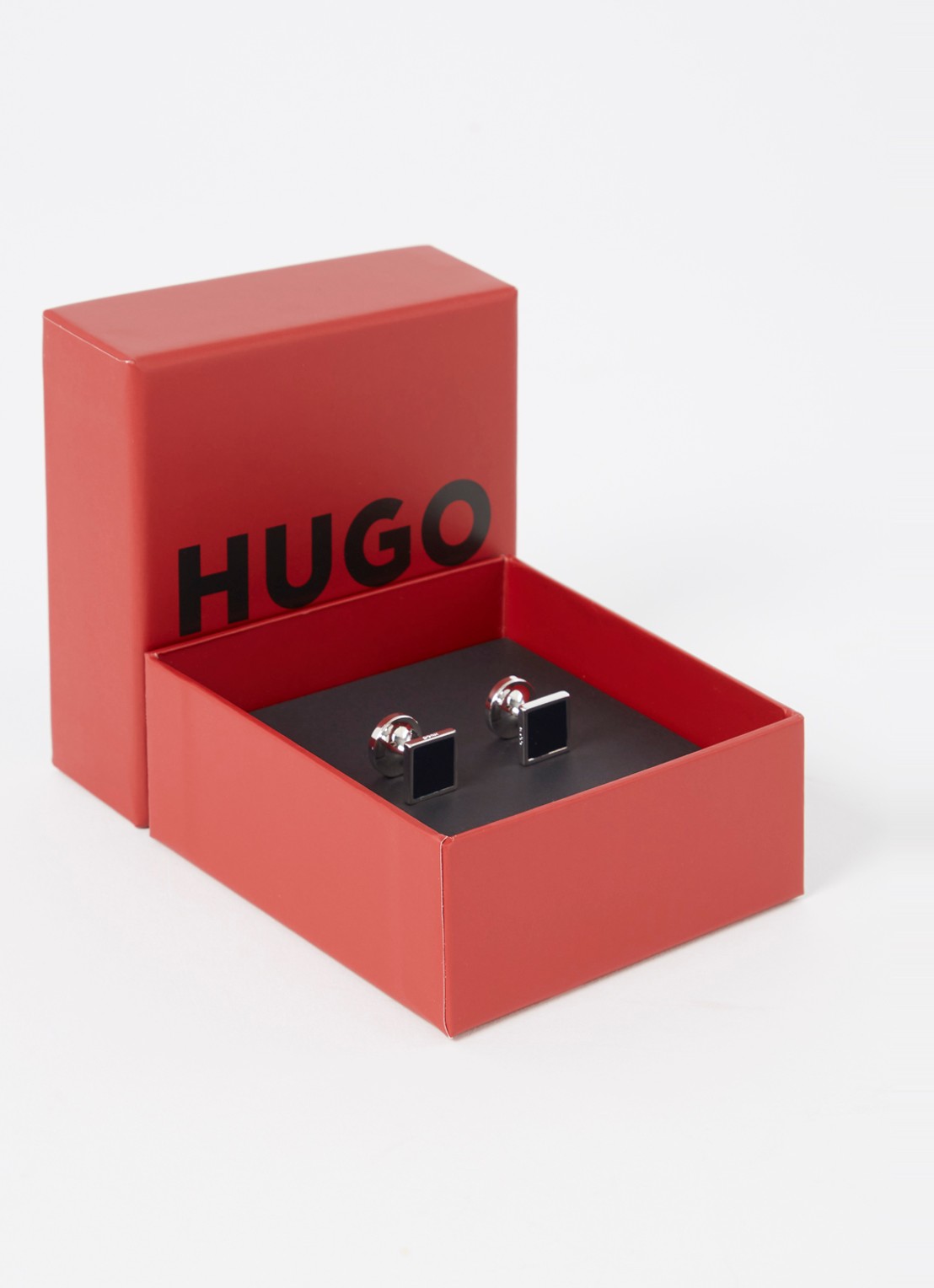 HUGO Vierkante manchetknopen met kern van email en logo - voorkant 3 donkerblauw