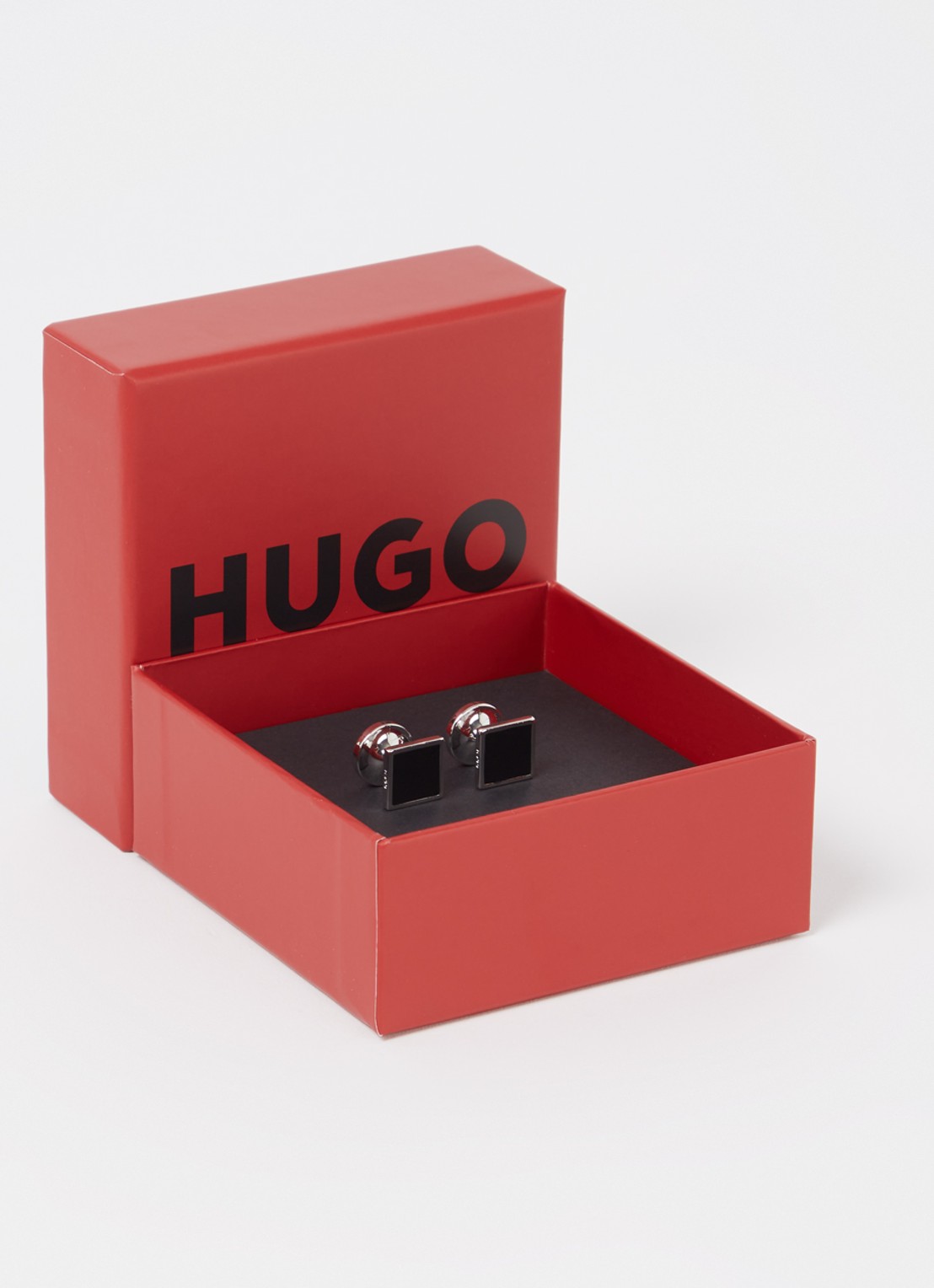 HUGO Vierkante manchetknopen met kern van email en logo - voorkant 3 zwart