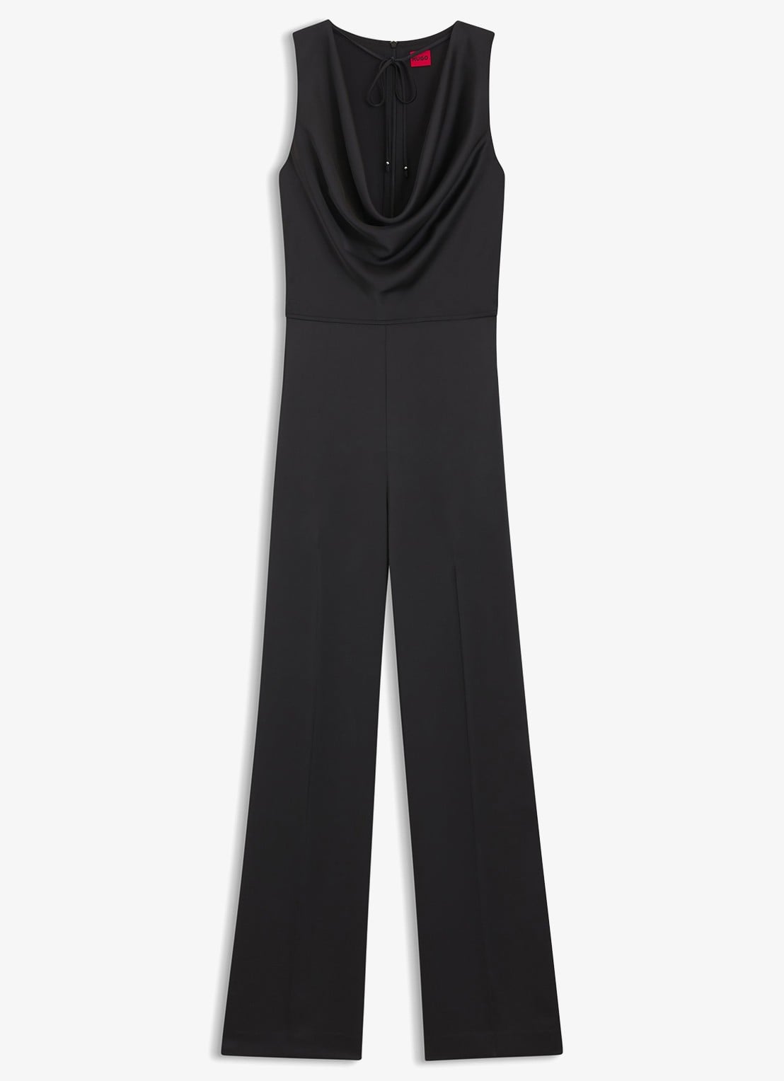 HUGO Wide fit jumpsuit van satijn met watervalhals - voorkant zwart