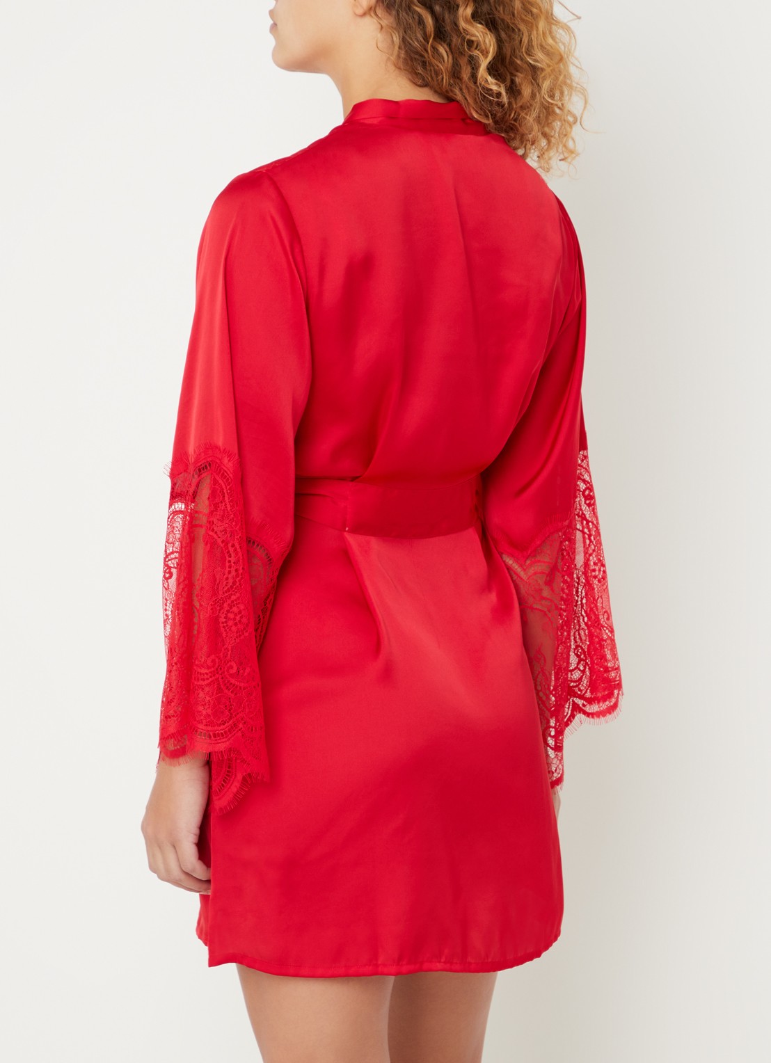Hunkemöller Kimono van satijn met kant - achterkant steenrood