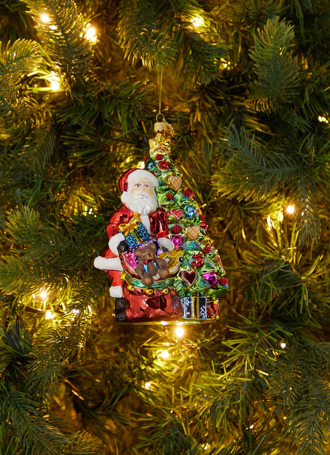 Huras Family Kerstman met kerstboom kersthanger 19 cm - voorkant 3 multicolor
