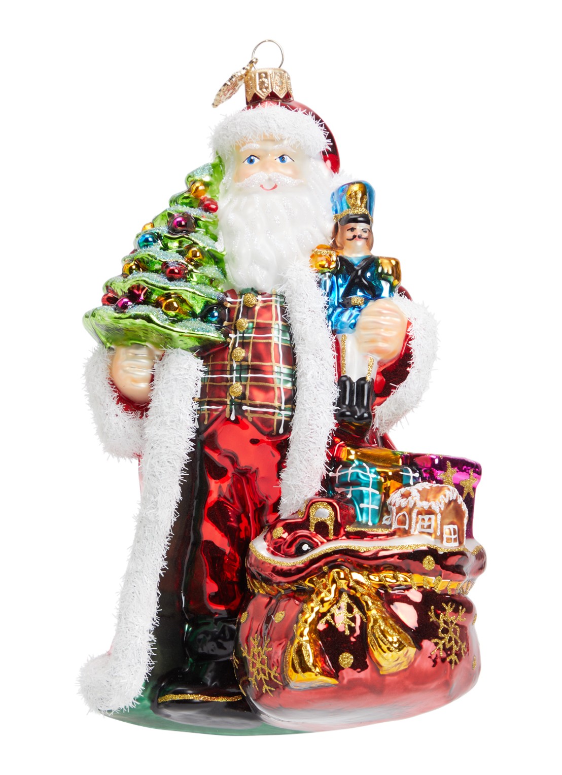Huras Family Santa Holding Tree and Nutcracker kersthanger 16 cm - voorkant rood