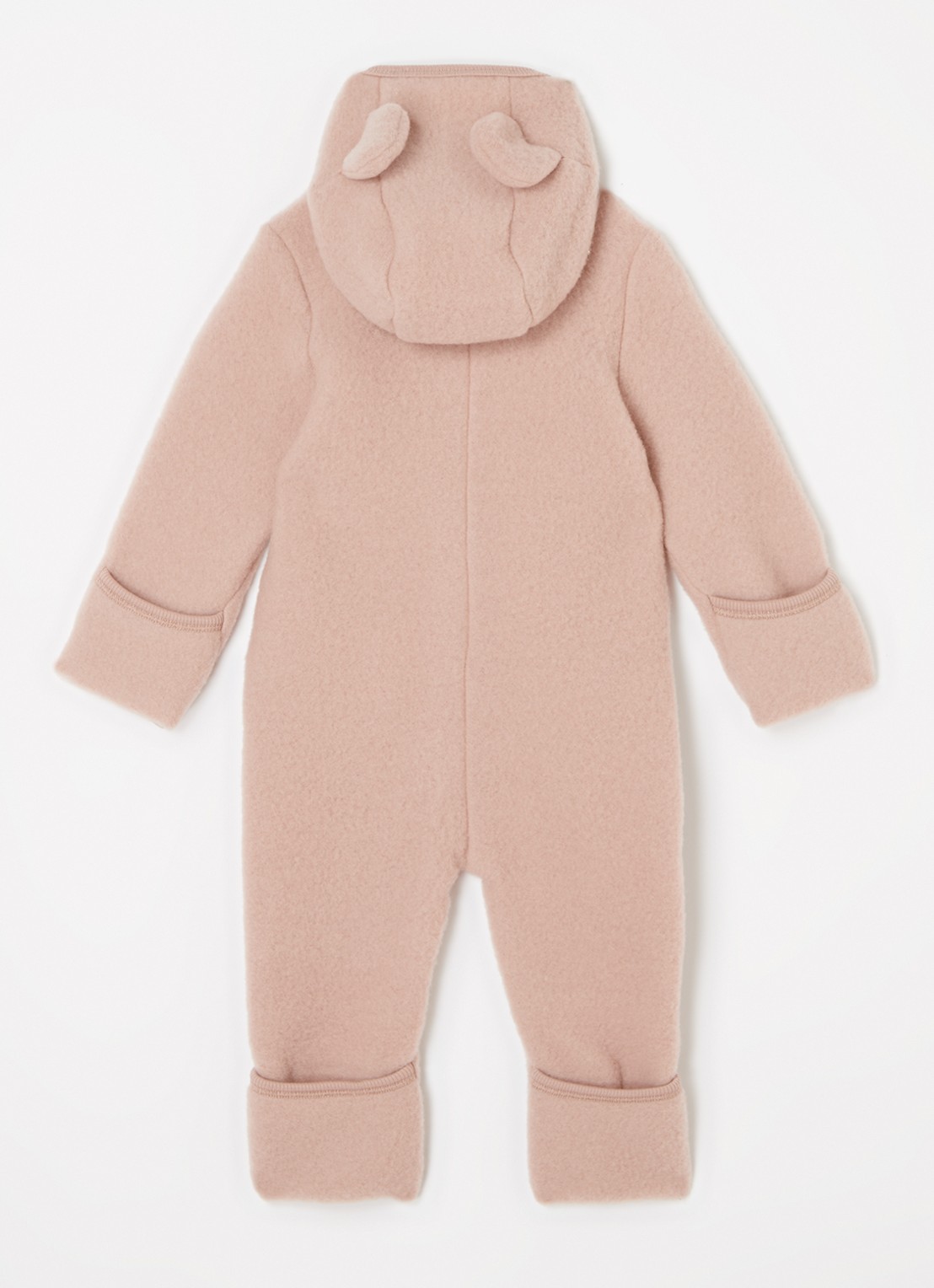 Huttelihut Babypak van wol met capuchon - achterkant zalmroze