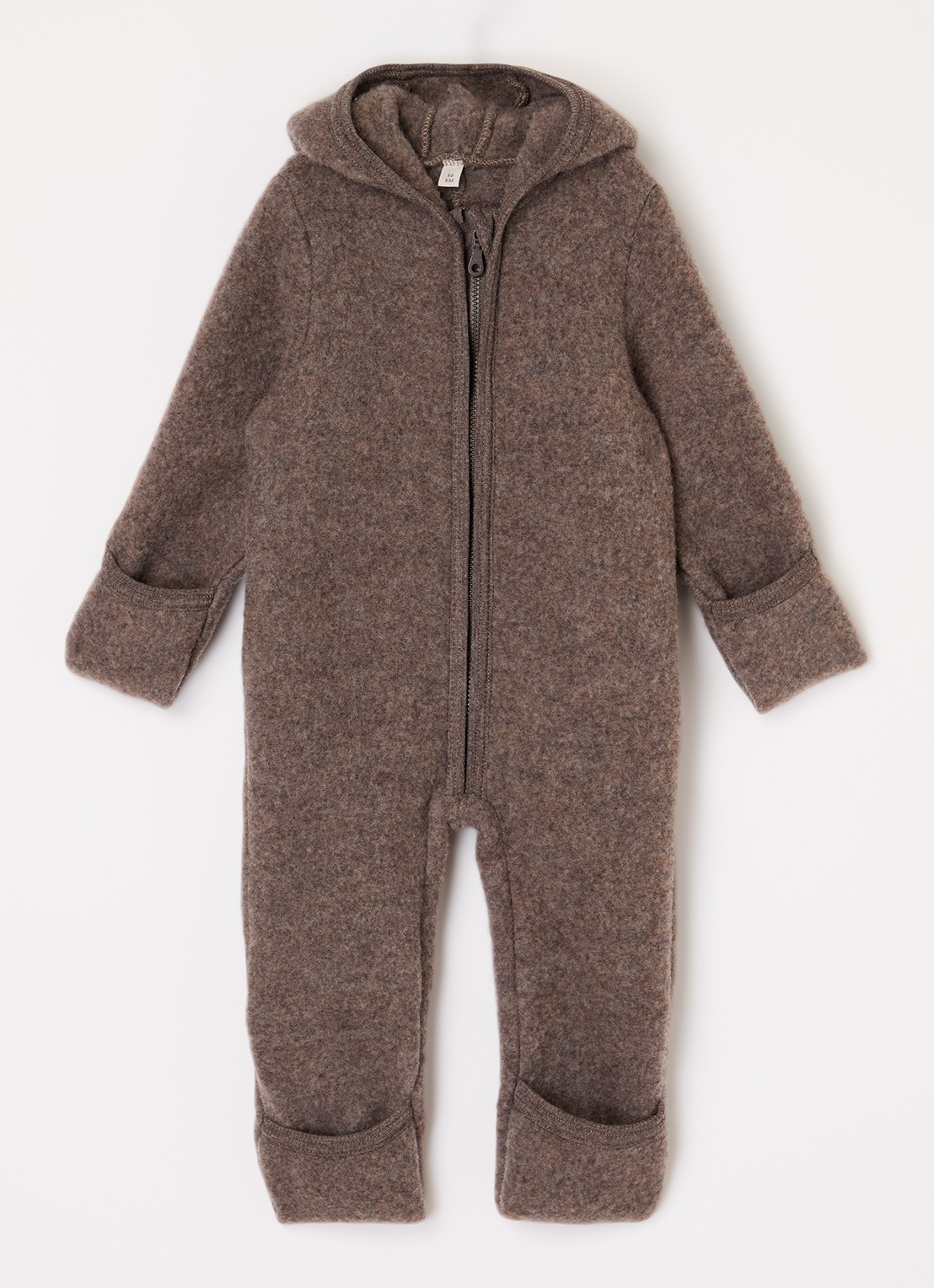 Huttelihut Babypak van wol met capuchon - voorkant bruin