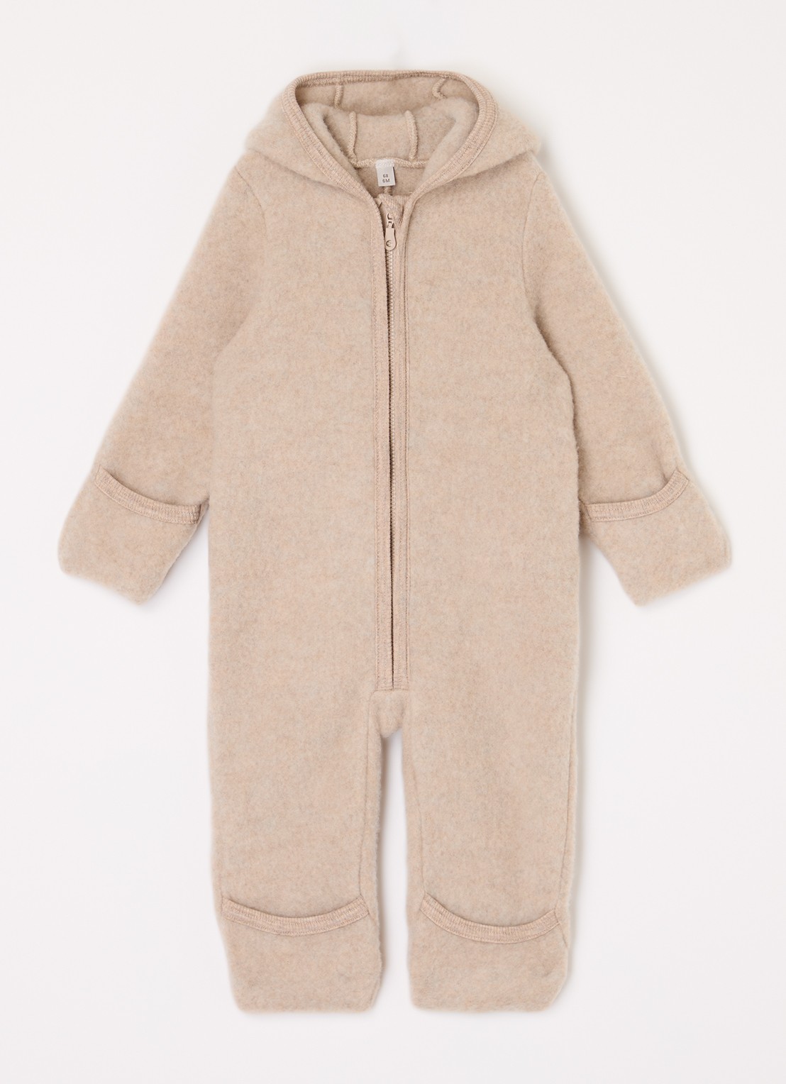 Huttelihut Babypak van wol met capuchon - voorkant lichtbruin