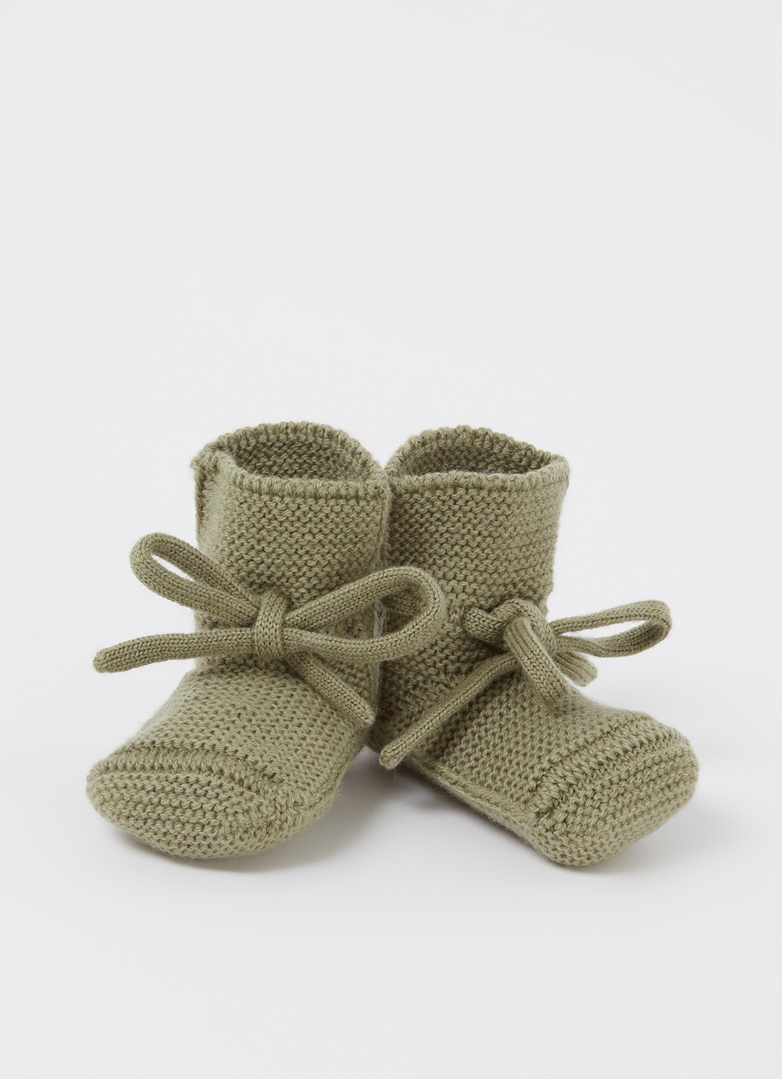 Hvid Booties gebreide babyslofjes van wol - voorkant mosgroen