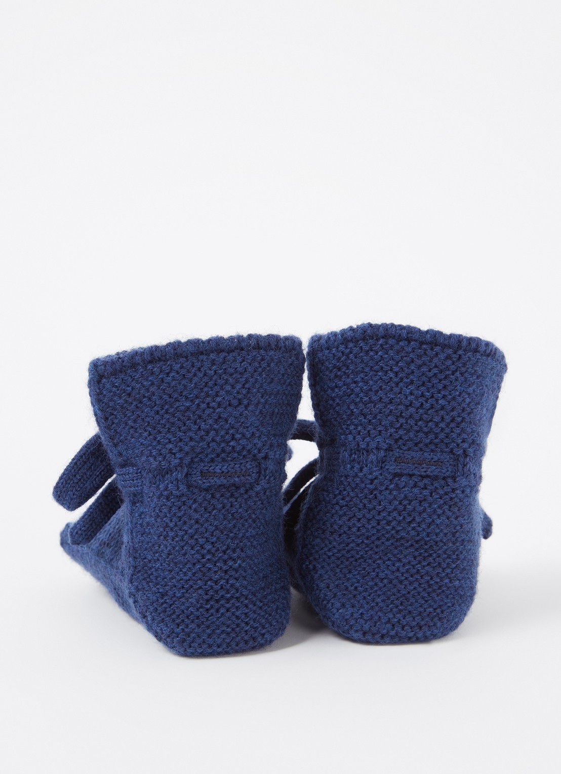 Hvid Booties gebreide babyslofjes van wol - achterkant 3 donkerblauw