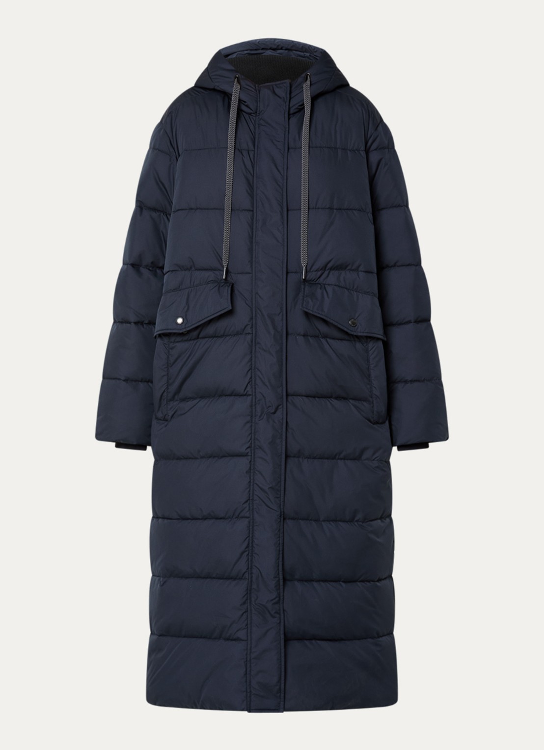 Ilse Jacobsen Longline puffer jack met capuchon - voorkant donkerblauw