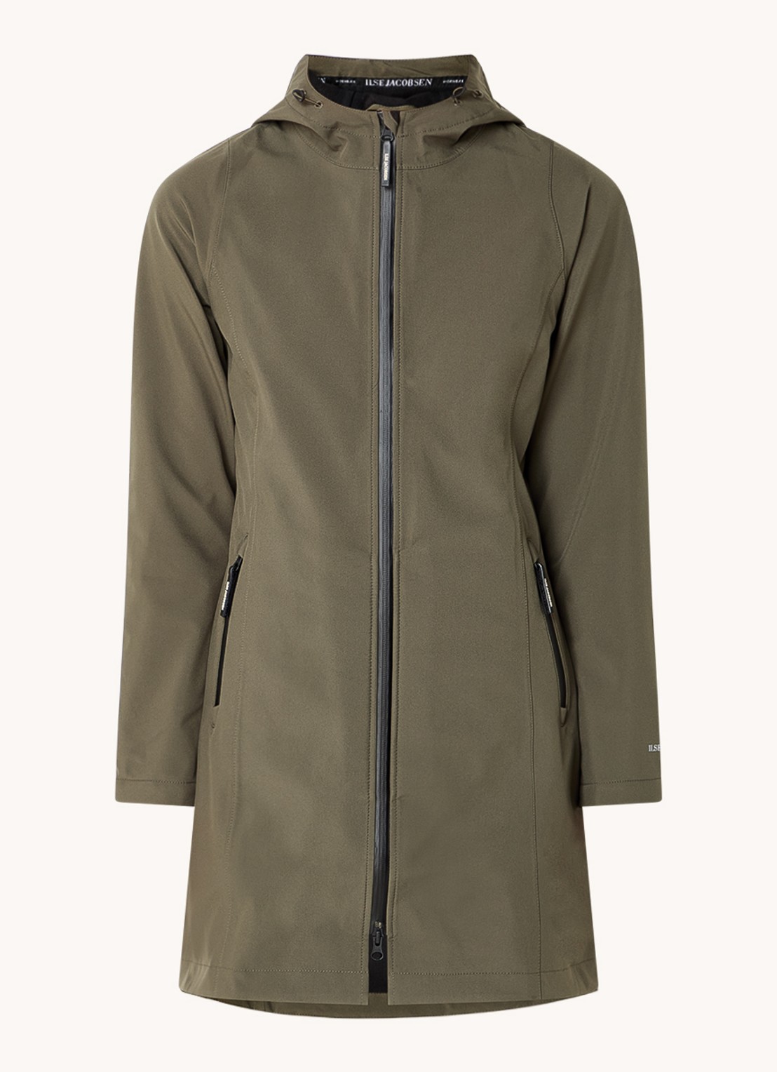 Ilse Jacobsen Softshell jack met capuchon en ritszakken - voorkant 2 legergroen
