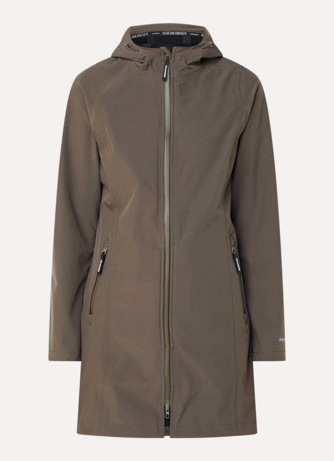 Ilse Jacobsen Softshell jack met capuchon en ritszakken - voorkant bronsgroen