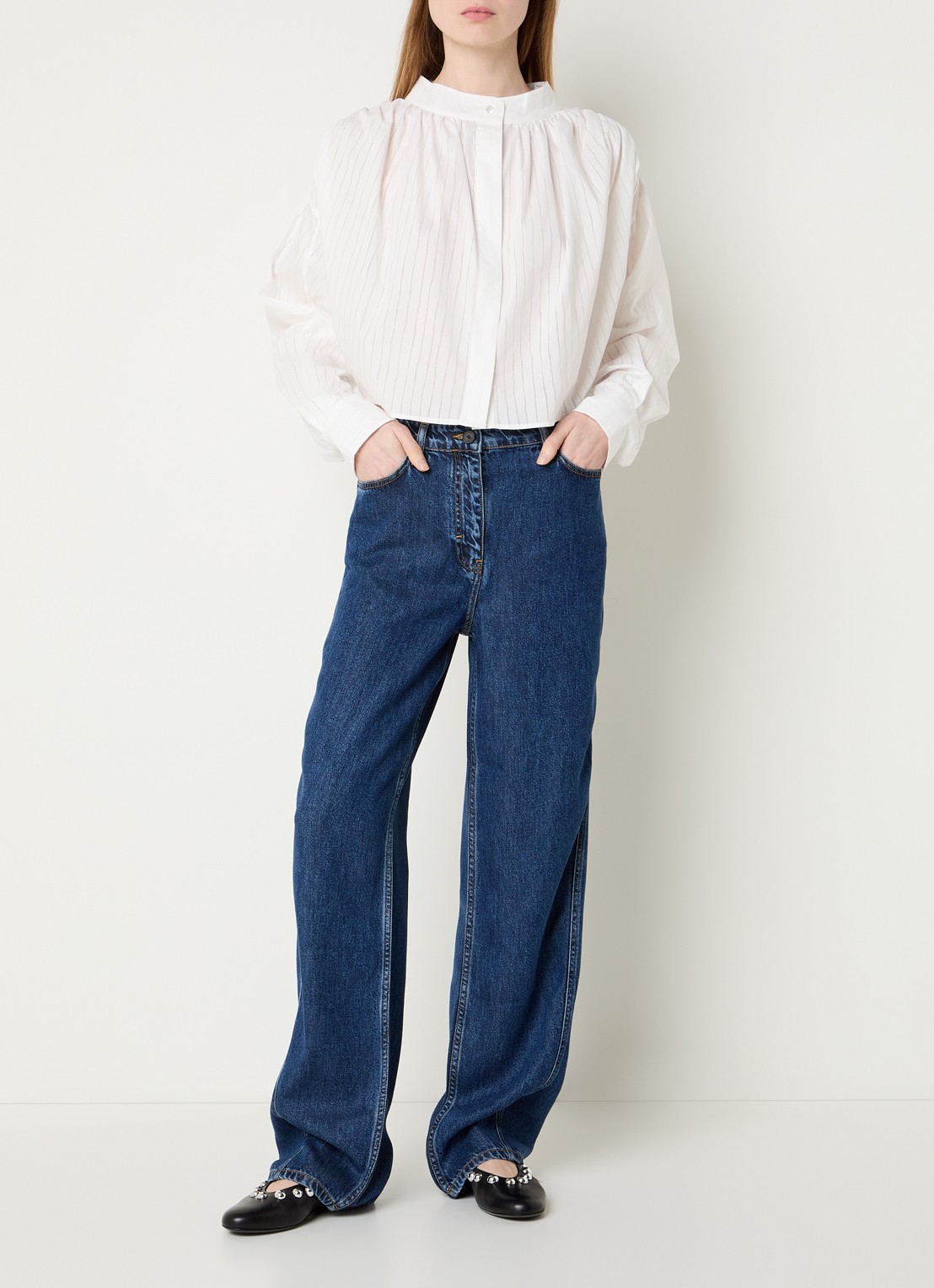 IRO Blissia cropped blouse met streepprint - voorkant 4 wit