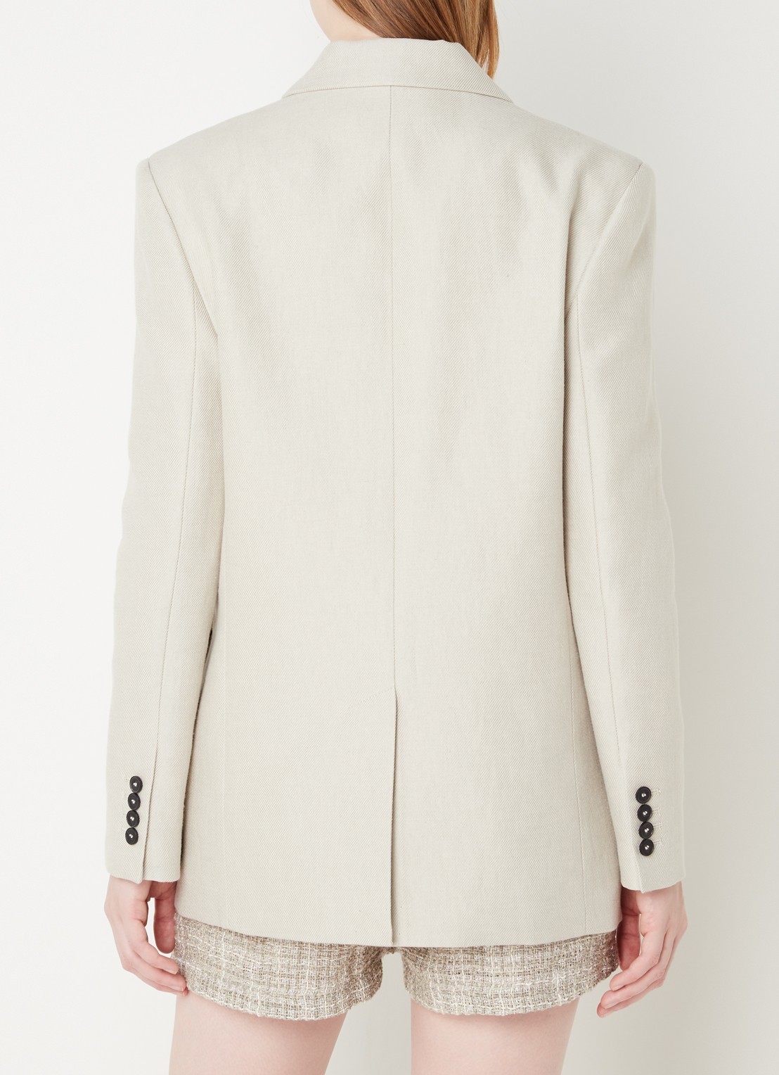 IRO Clia double-breasted blazer in linnenblend met klepzakken - achterkant 3 donkerbeige