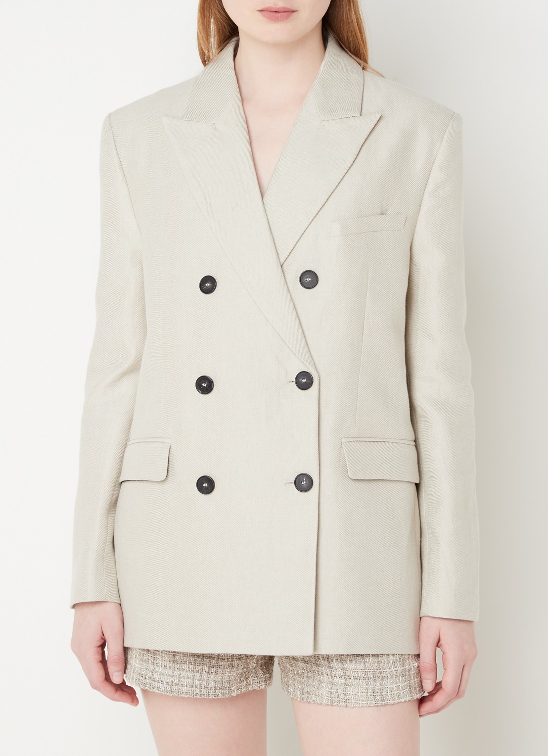 IRO Clia double-breasted blazer in linnenblend met klepzakken - detail 4 donkerbeige