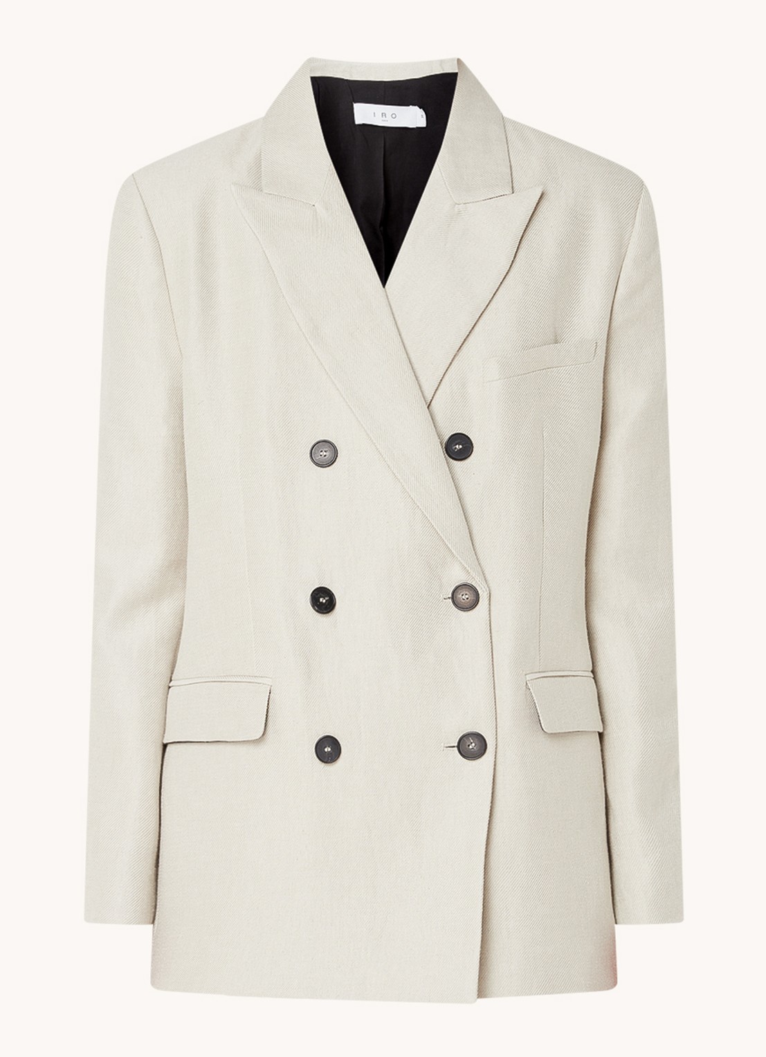 IRO Clia double-breasted blazer in linnenblend met klepzakken - voorkant donkerbeige