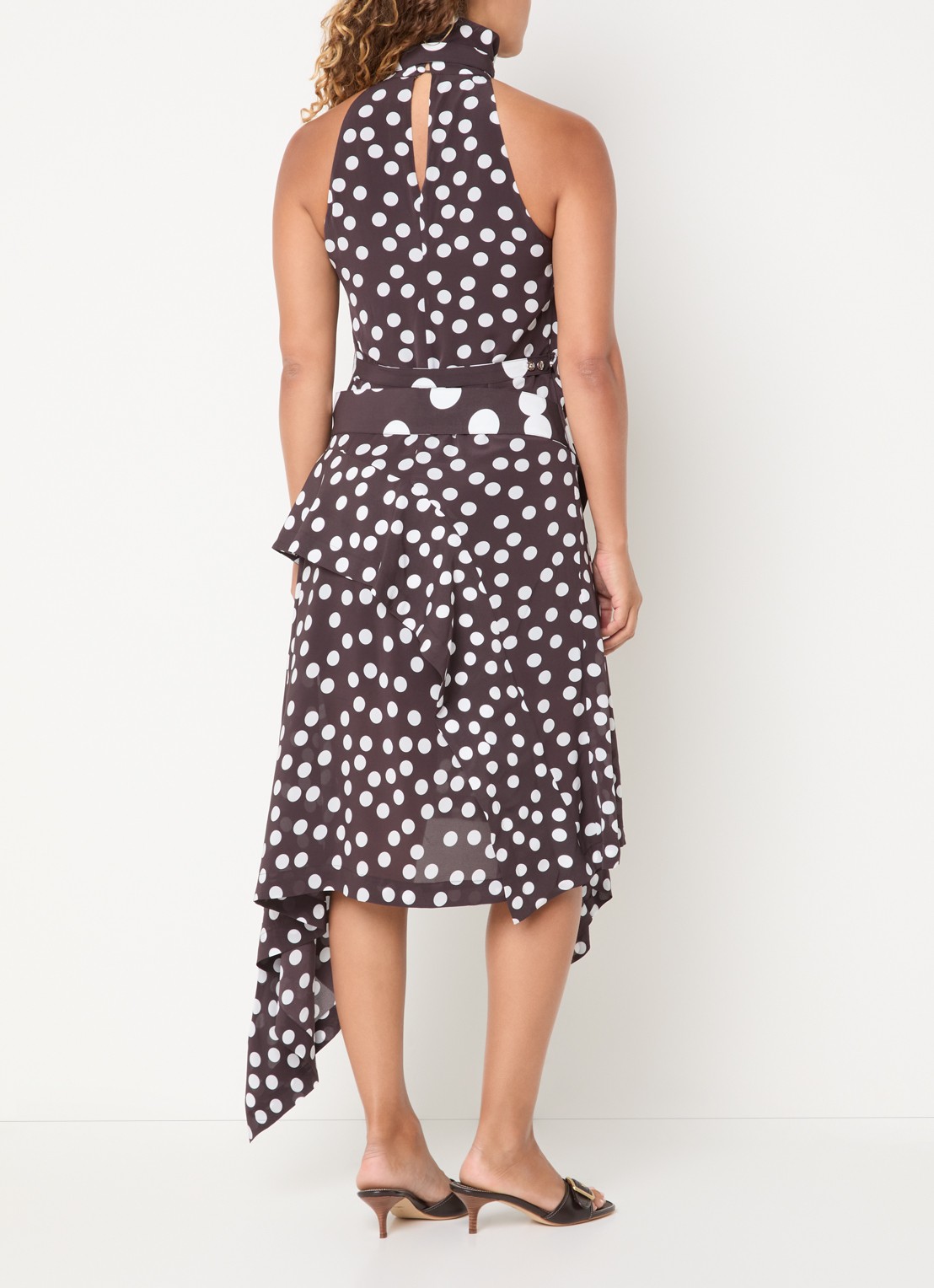 IRO Delila midi jurk met stippenprint en asymmetrisch detail - achterkant 4 donkerbruin