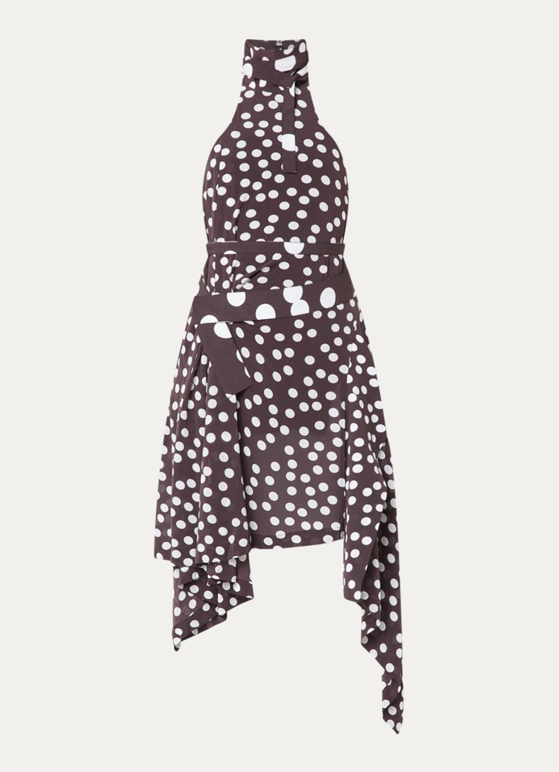 IRO Delila midi jurk met stippenprint en asymmetrisch detail - voorkant donkerbruin