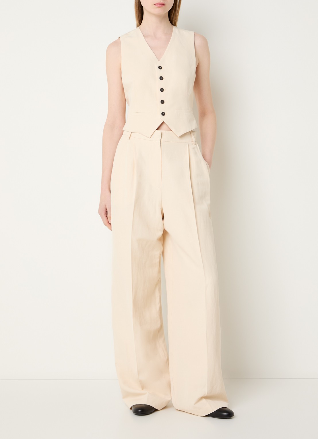 IRO Hayda high waist wide fit pantalon in linnenblend - voorkant 3 vanillegeel