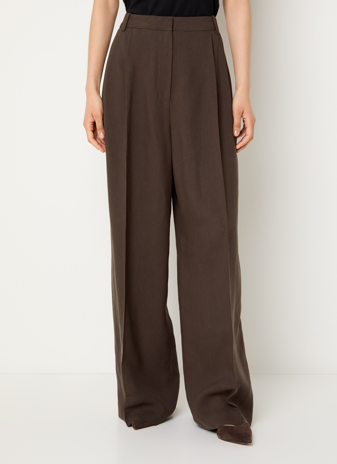 IRO Helis high waist wide leg pantalon met persplooi - detail 4 donkerbruin