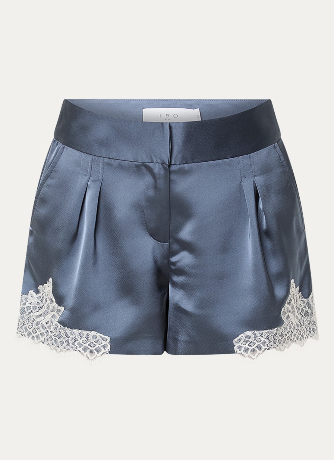 IRO High waist wide fit korte broek van satijn met details van kant - voorkant 3 staalblauw