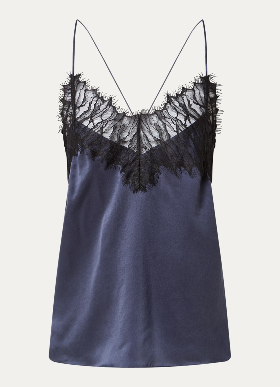 IRO Newin spaghettitop van zijde met details van kant - voorkant donkerblauw