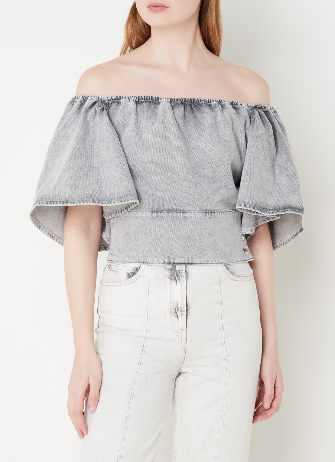 IRO Off shoulder top van denim met knoopdetail - detail grijsmele