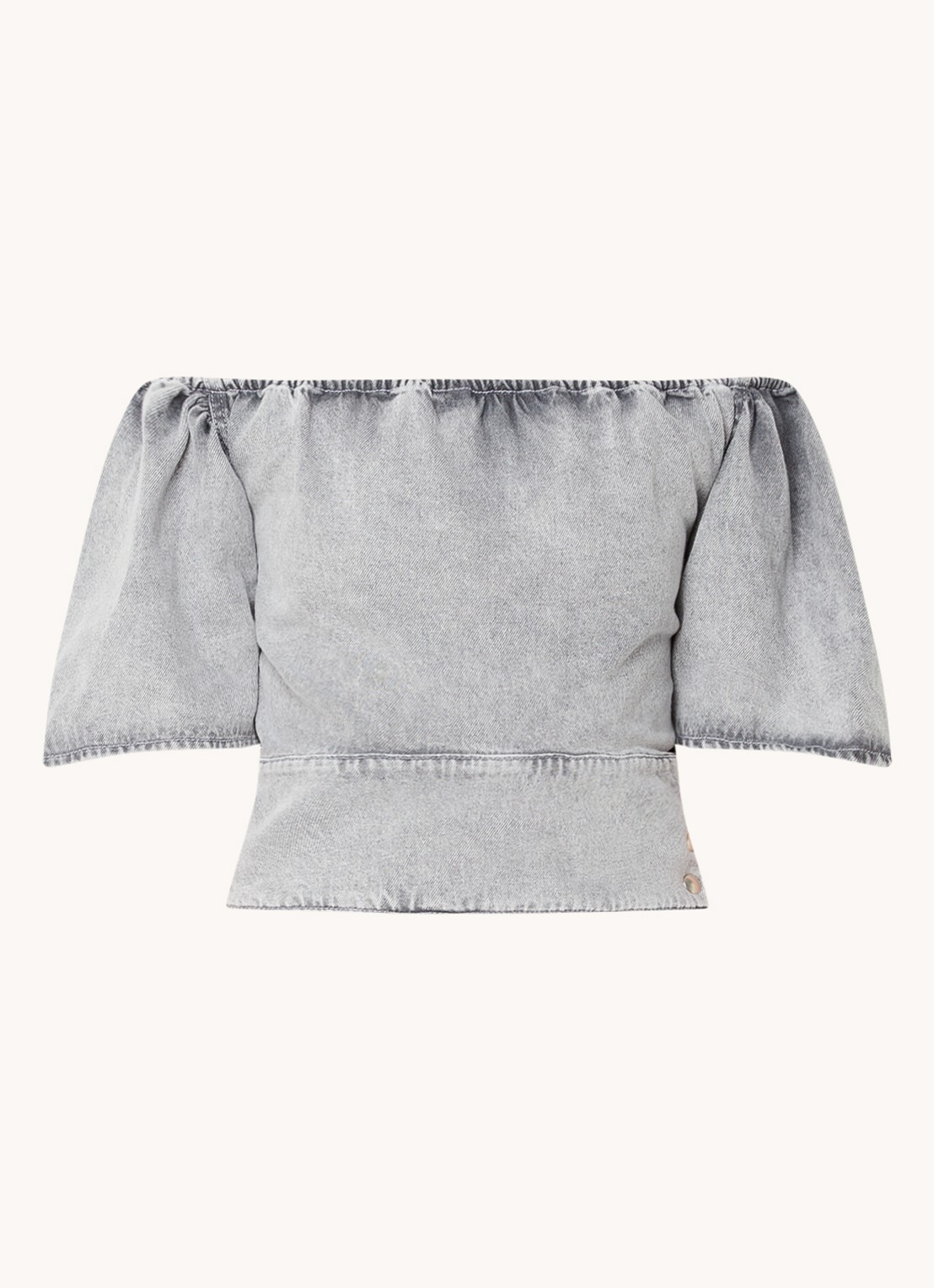 IRO Off shoulder top van denim met knoopdetail - voorkant 2 grijsmele