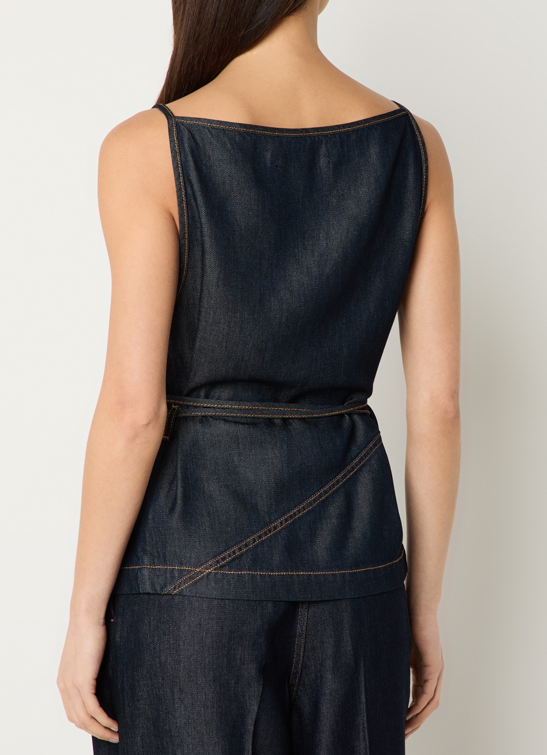IRO Renata top van chambray met strikceintuur - achterkant 3 indigo