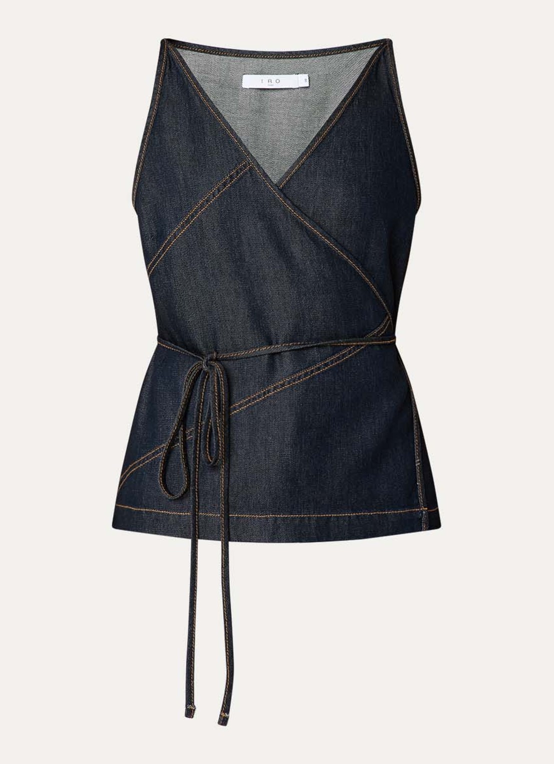 IRO Renata top van chambray met strikceintuur - voorkant indigo