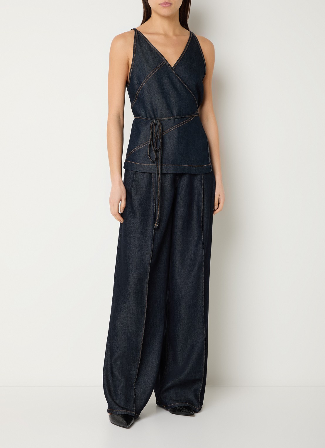 IRO Renata top van chambray met strikceintuur - voorkant 2 indigo