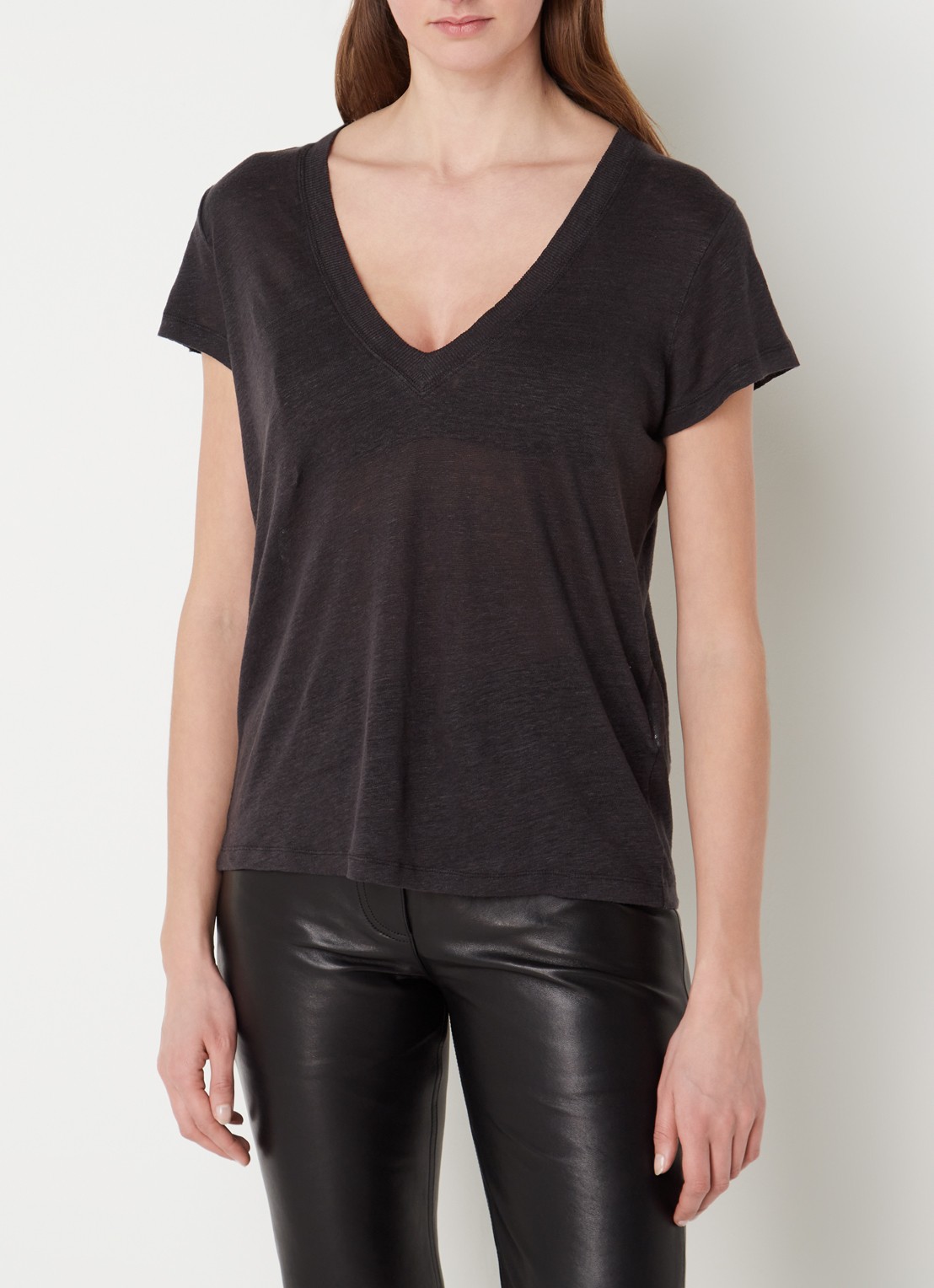 IRO Rodeo T-shirt van linnen met V-hals - detail 4 antraciet