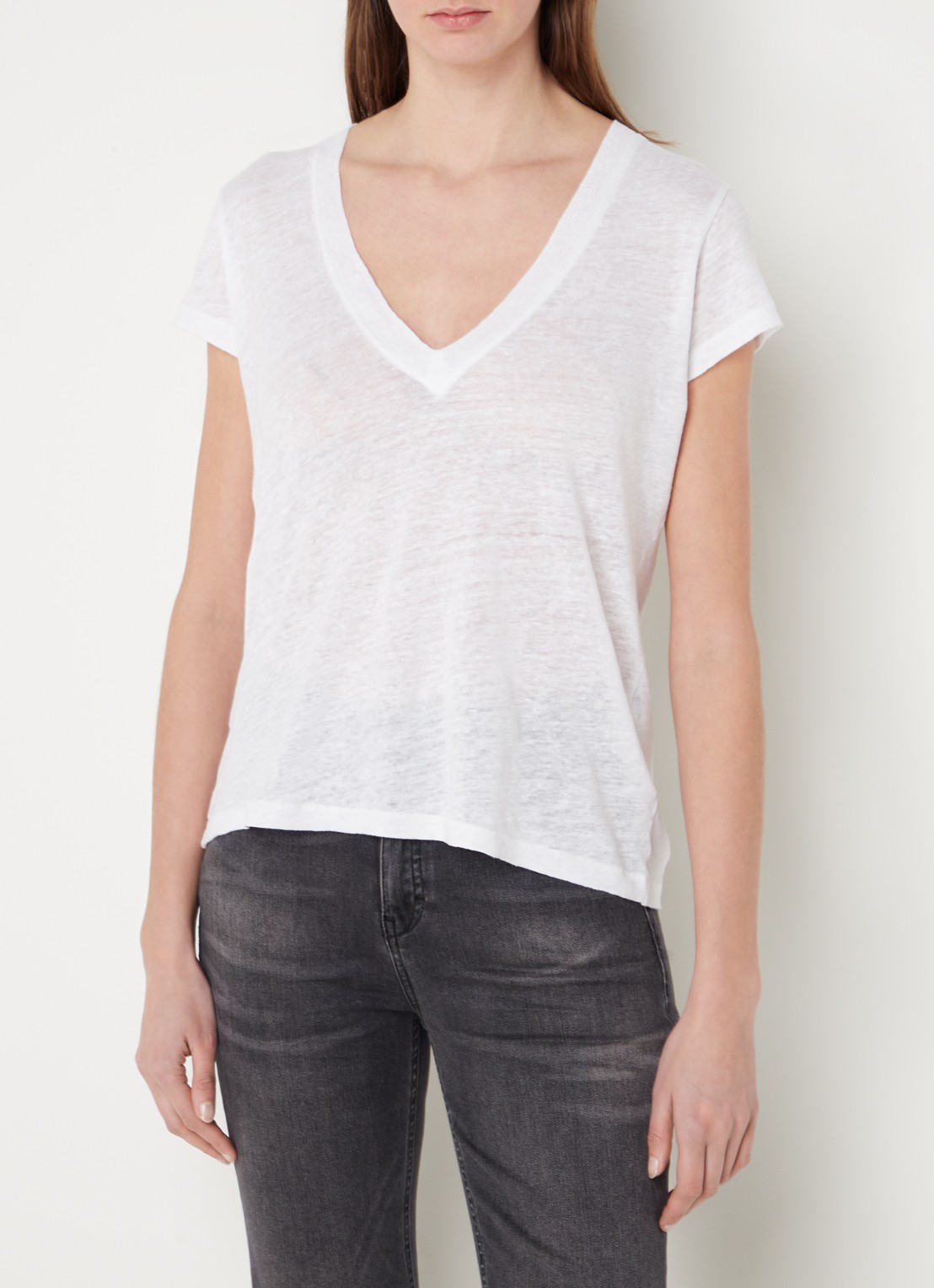 IRO Rodeo T-shirt van linnen met V-hals - detail wit