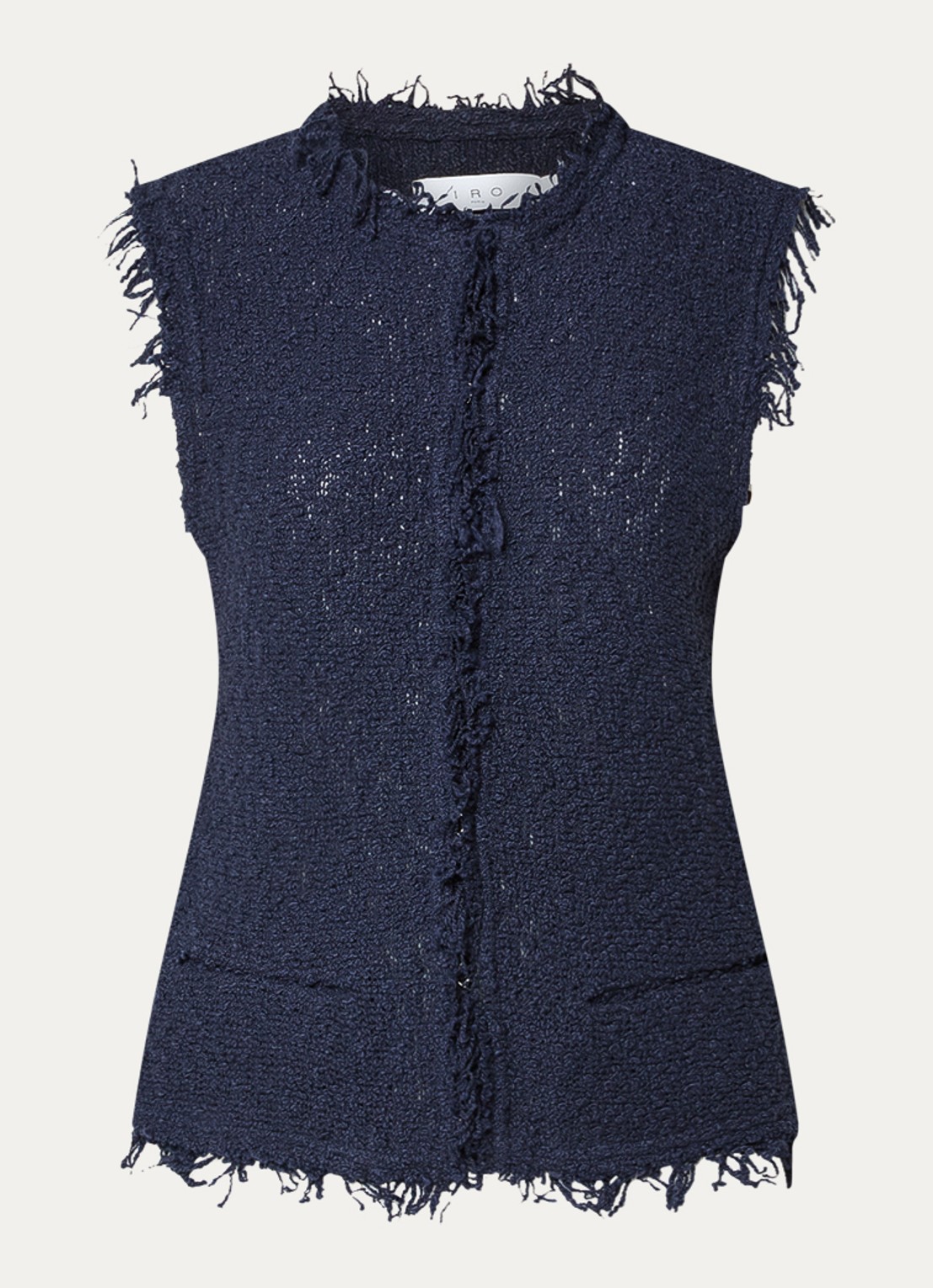 IRO Shanny gilet met franjes en paspelzakken - voorkant 3 donkerblauw