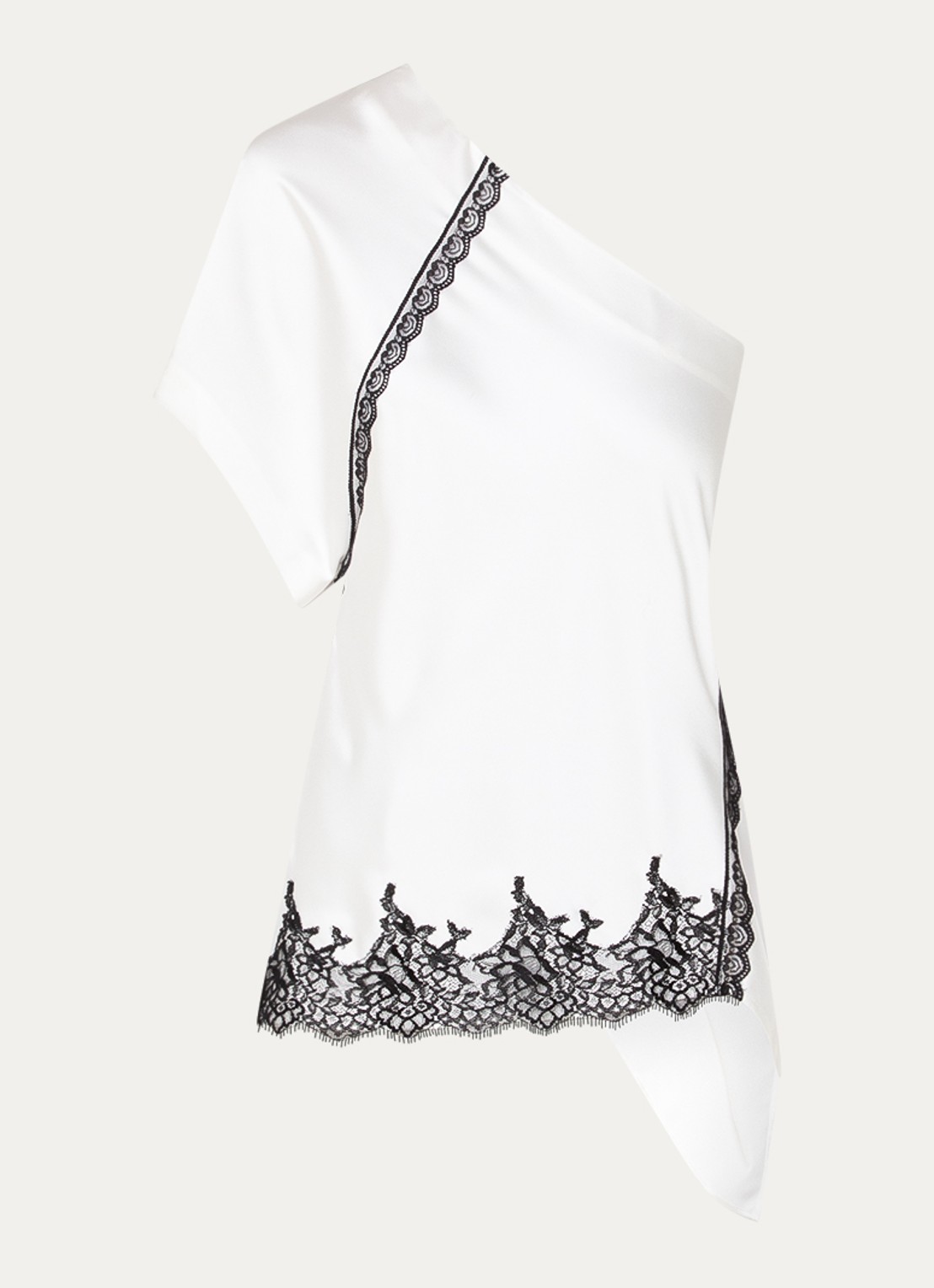 IRO Topazi  one shoulder top van satijn met details van kant - voorkant 2 gebroken wit