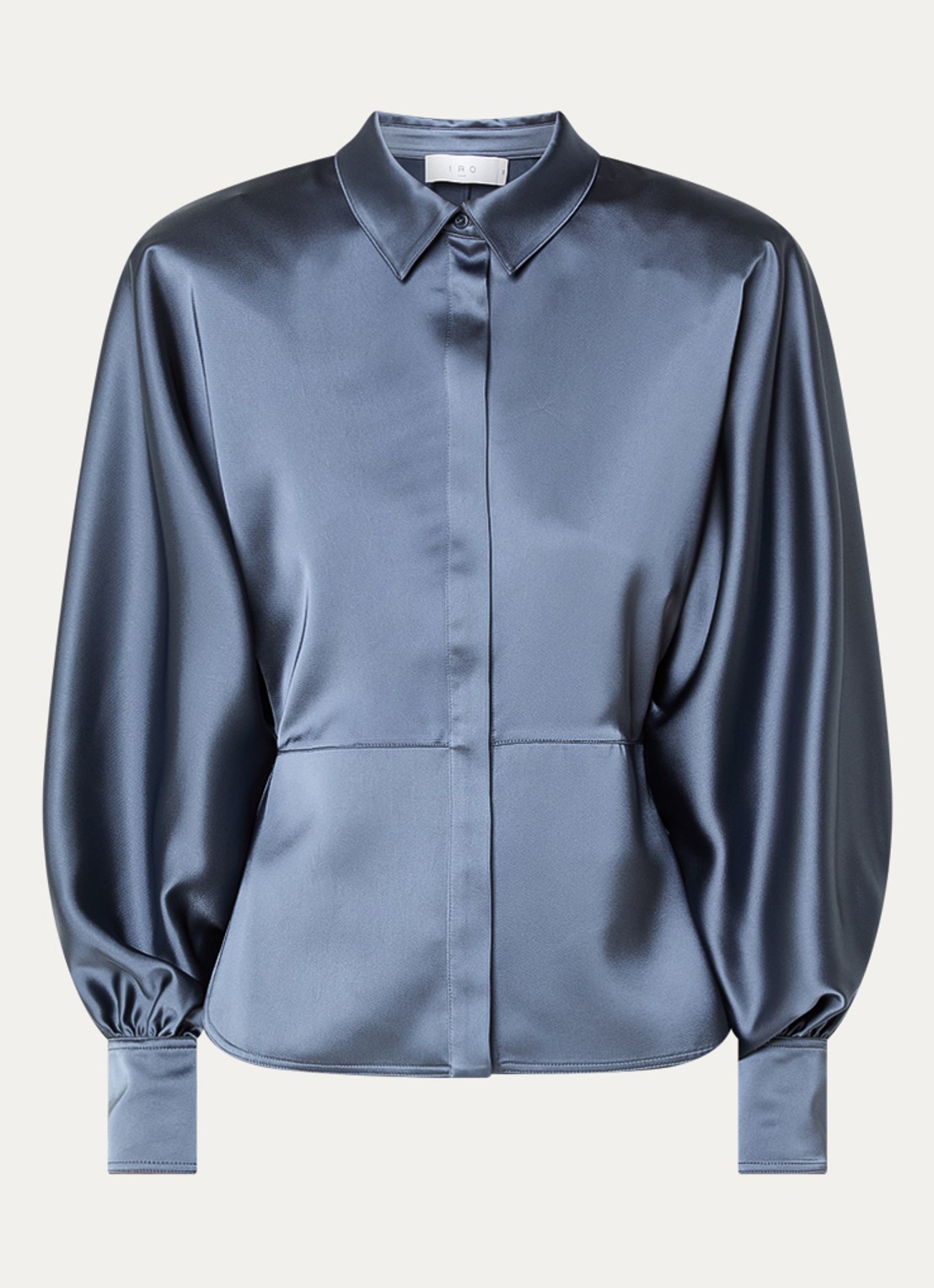 IRO Tyoha blouse van satijn met schoudervulling en ballonmouwen - voorkant 2 staalblauw