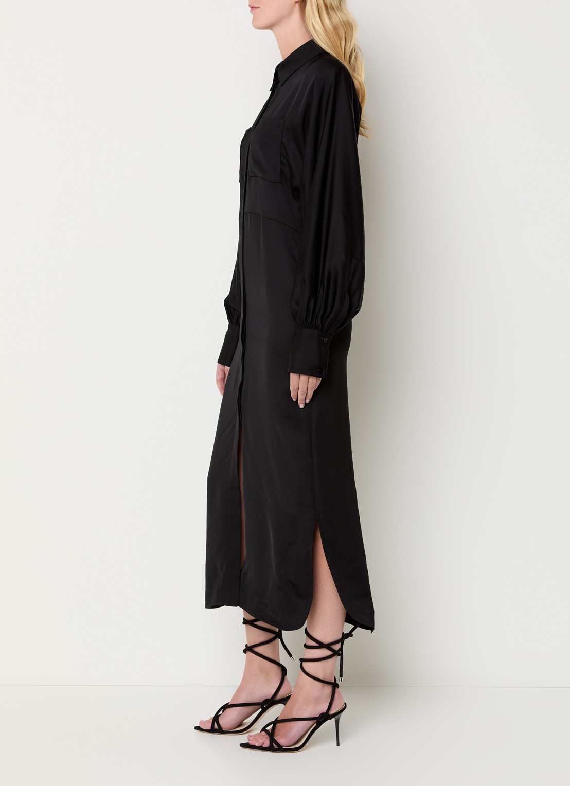 IRO Ursana maxi blousejurk van satijn met ballonmouw - voorkant 2 zwart