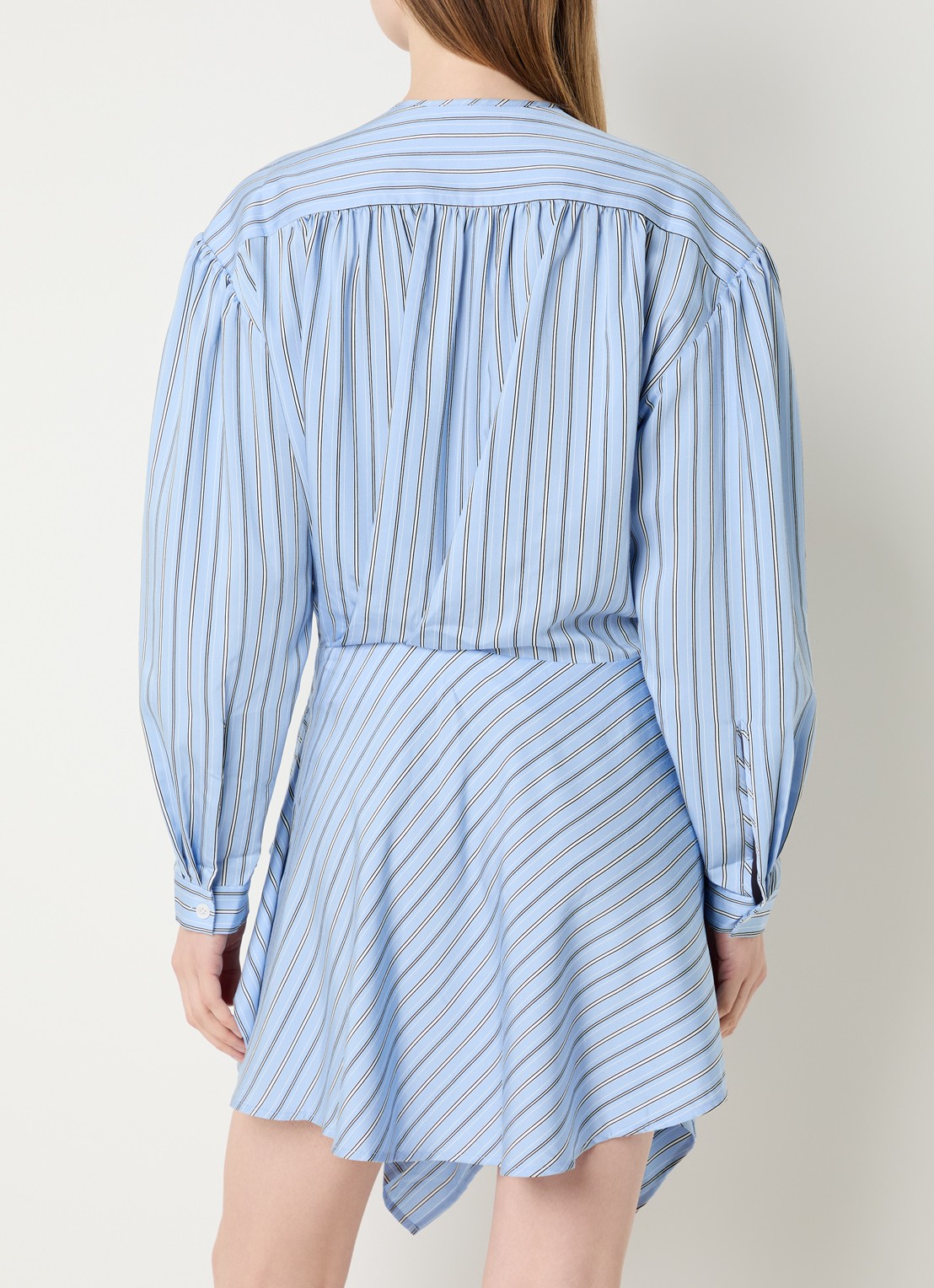 IRO Utenia asymmetrische mini jurk met streepprint - achterkant staalblauw