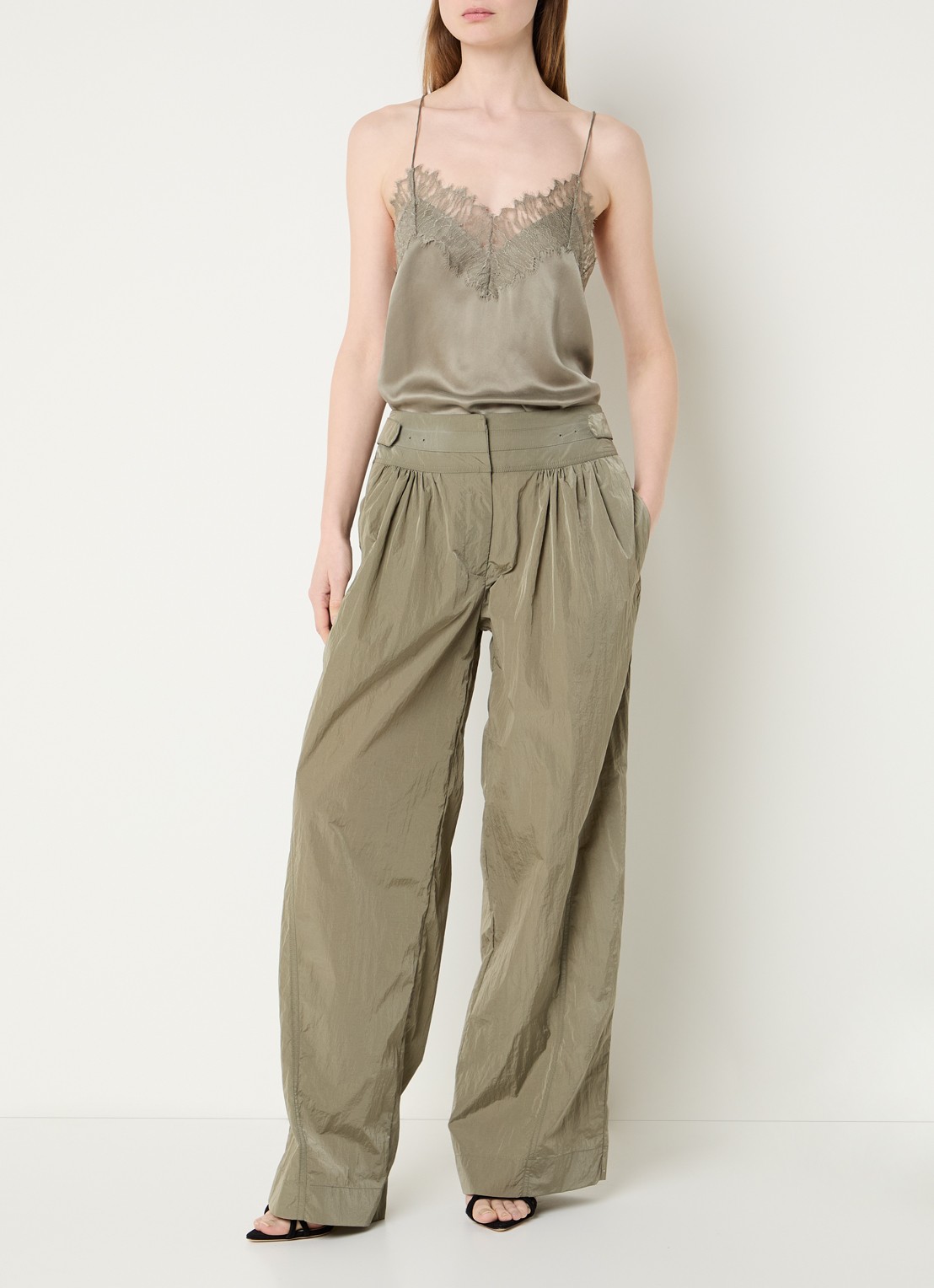 IRO Wanni high waist wide leg trackbroek  - voorkant 3 olijfgroen
