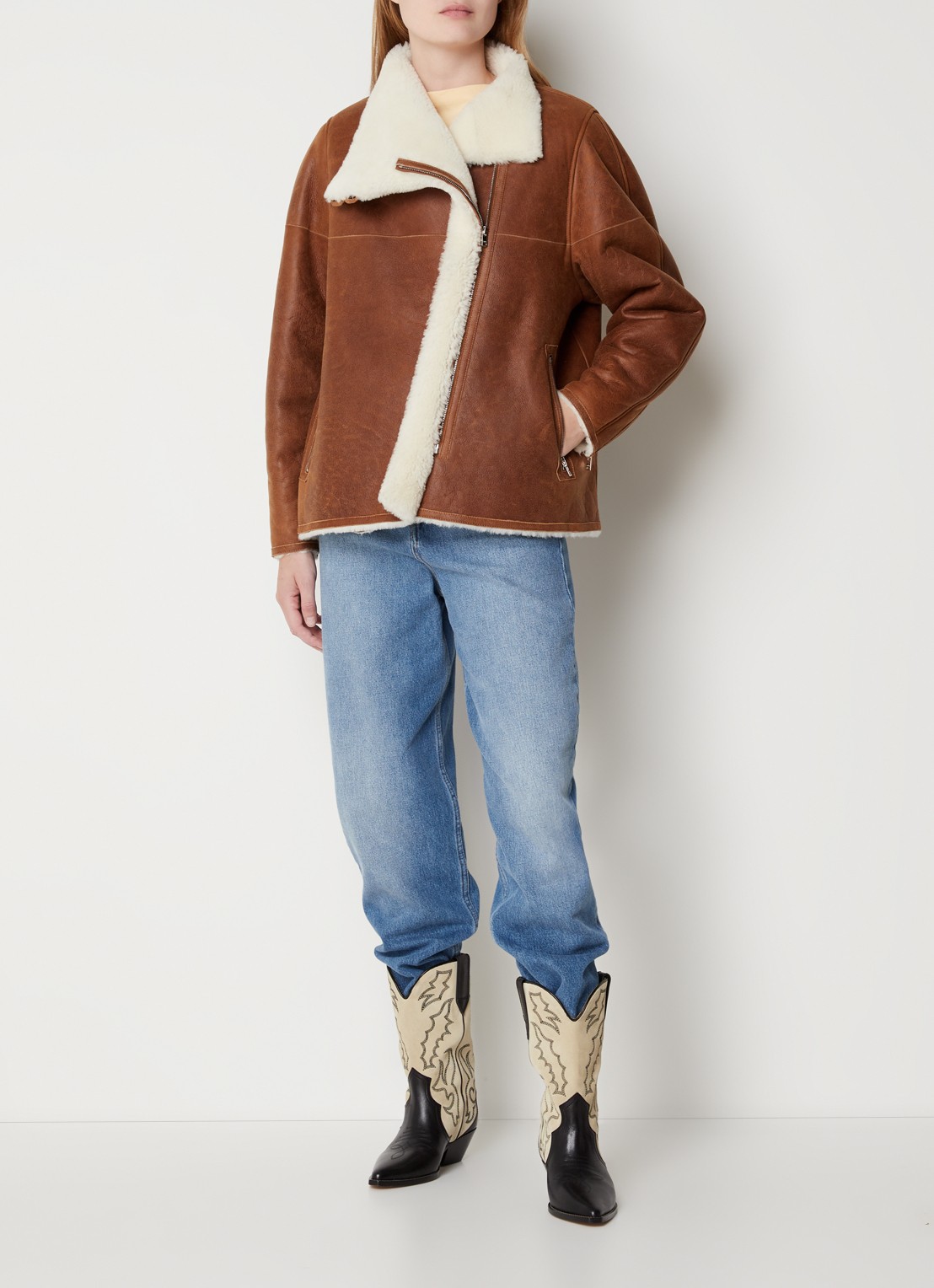 Isabel Marant Abeliki lammy coat van lamsleer met ritszakken - voorkant 3 camel
