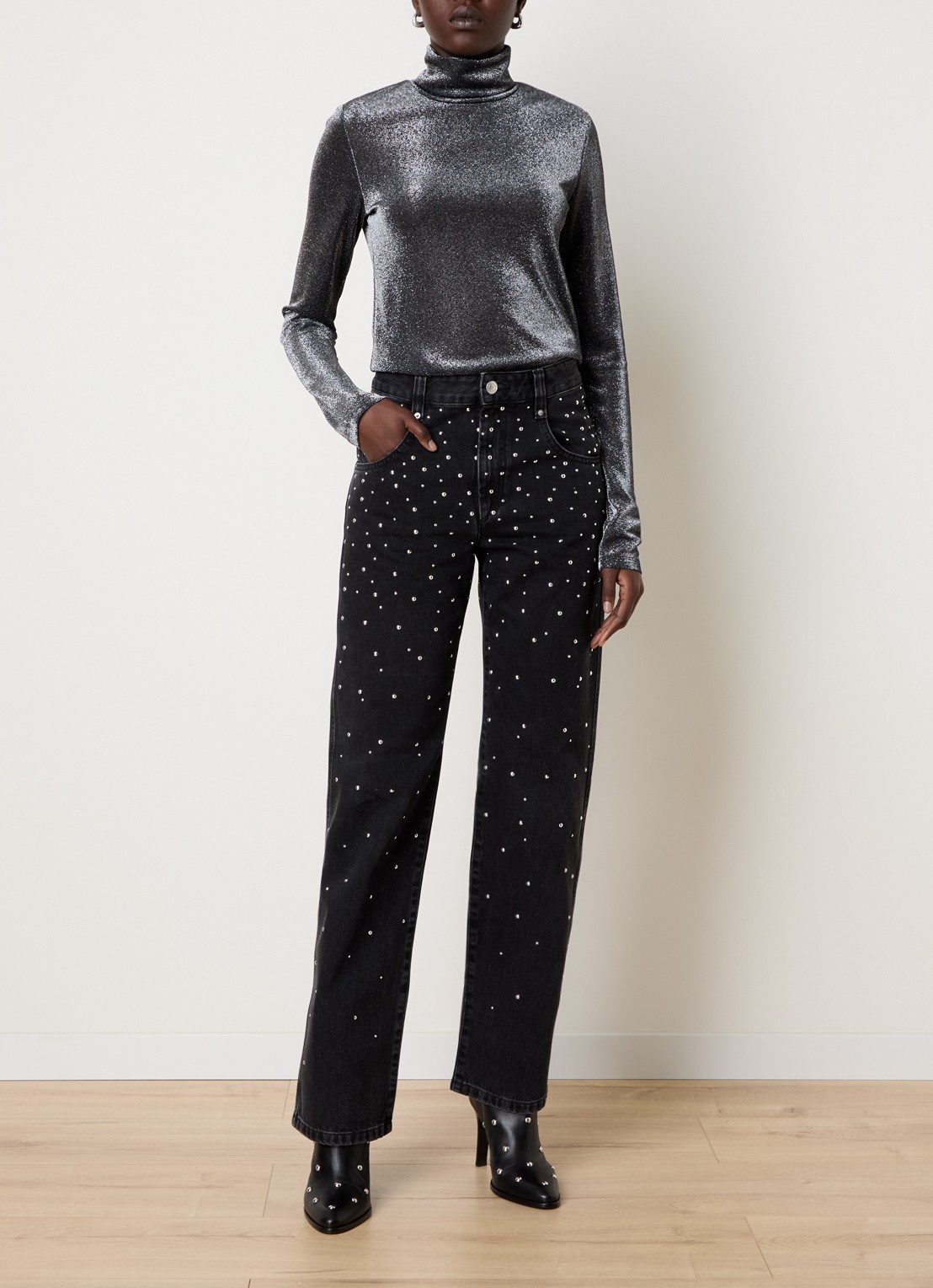 Isabel Marant Brinsa high waist tapered jeans met studs - voorkant 6 zwart