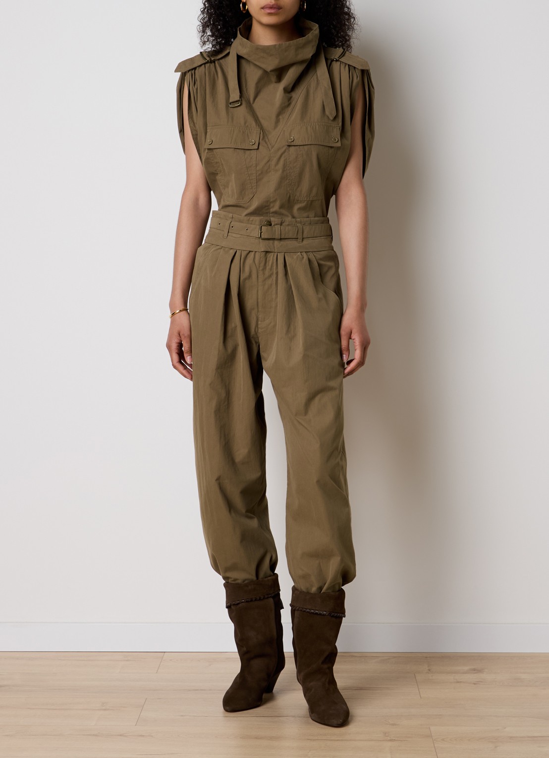 Isabel Marant Celia high waist loose fit broek met ceintuur - voorkant 2 khaki