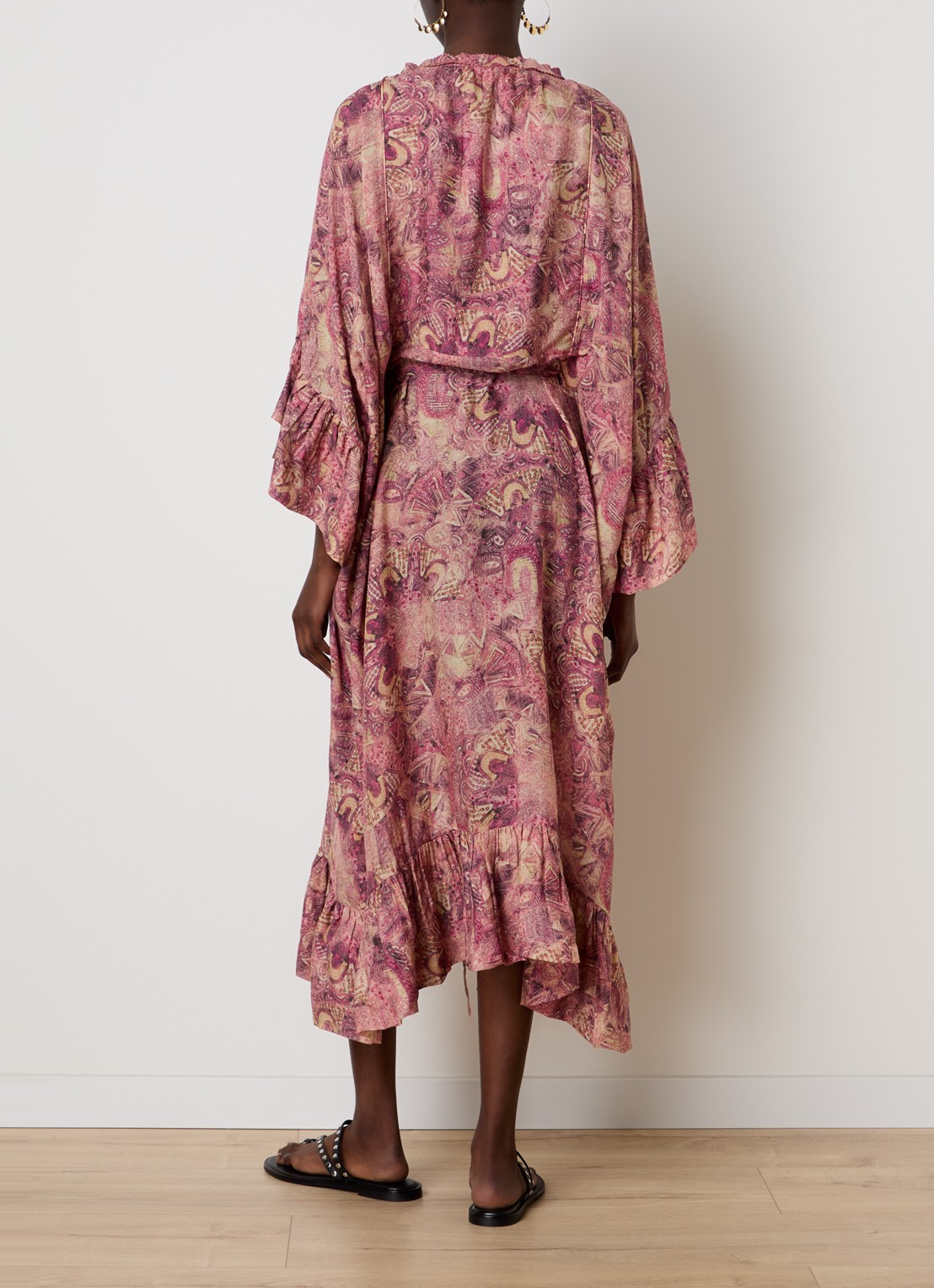 Isabel Marant Cylene maxi blousejurk van zijde met print en strikceintuur - achterkant donkerroze