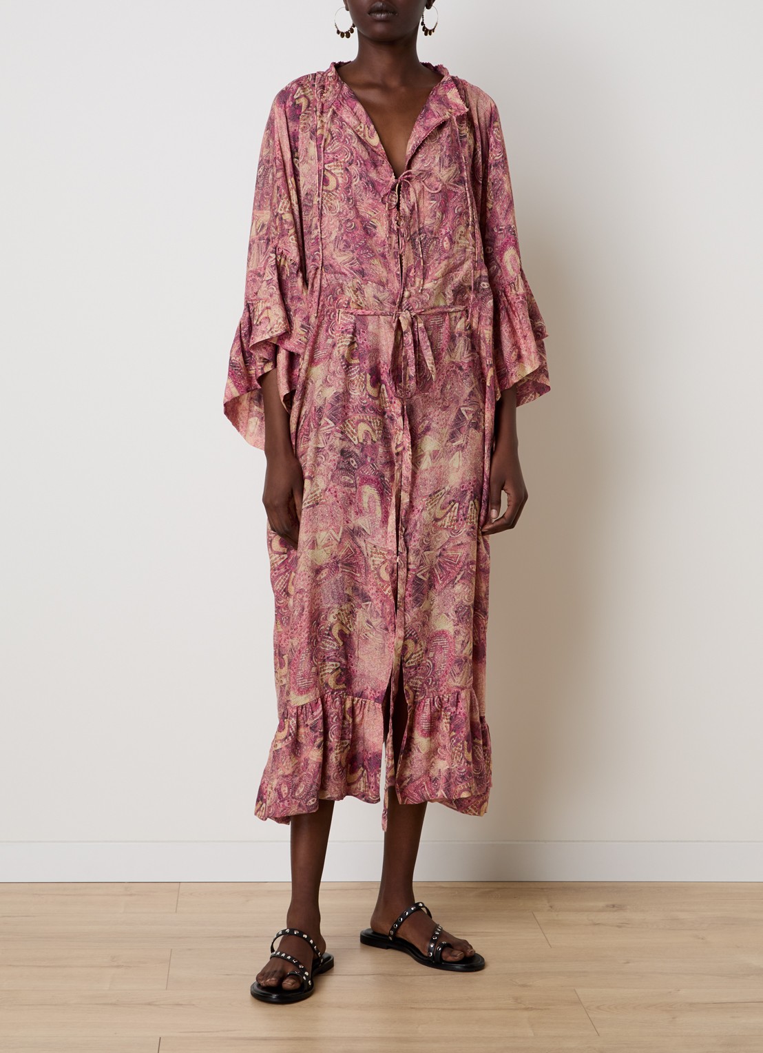 Isabel Marant Cylene maxi blousejurk van zijde met print en strikceintuur - detail 2 donkerroze