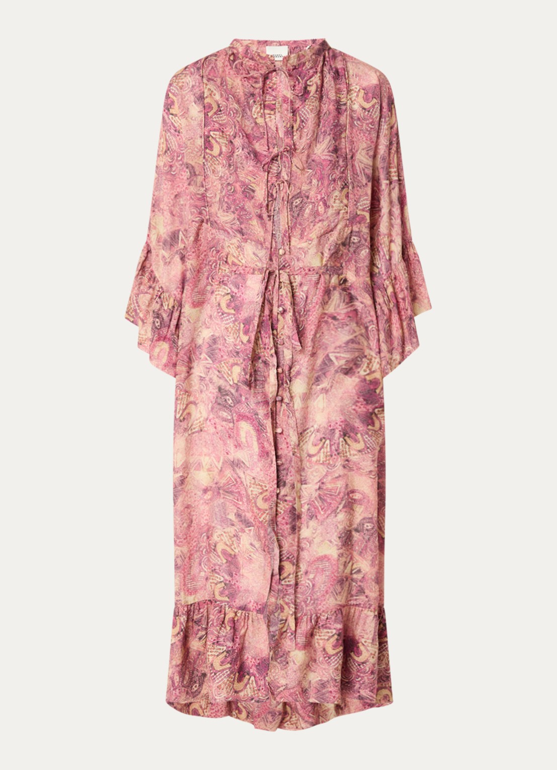 Isabel Marant Cylene maxi blousejurk van zijde met print en strikceintuur - voorkant 4 donkerroze