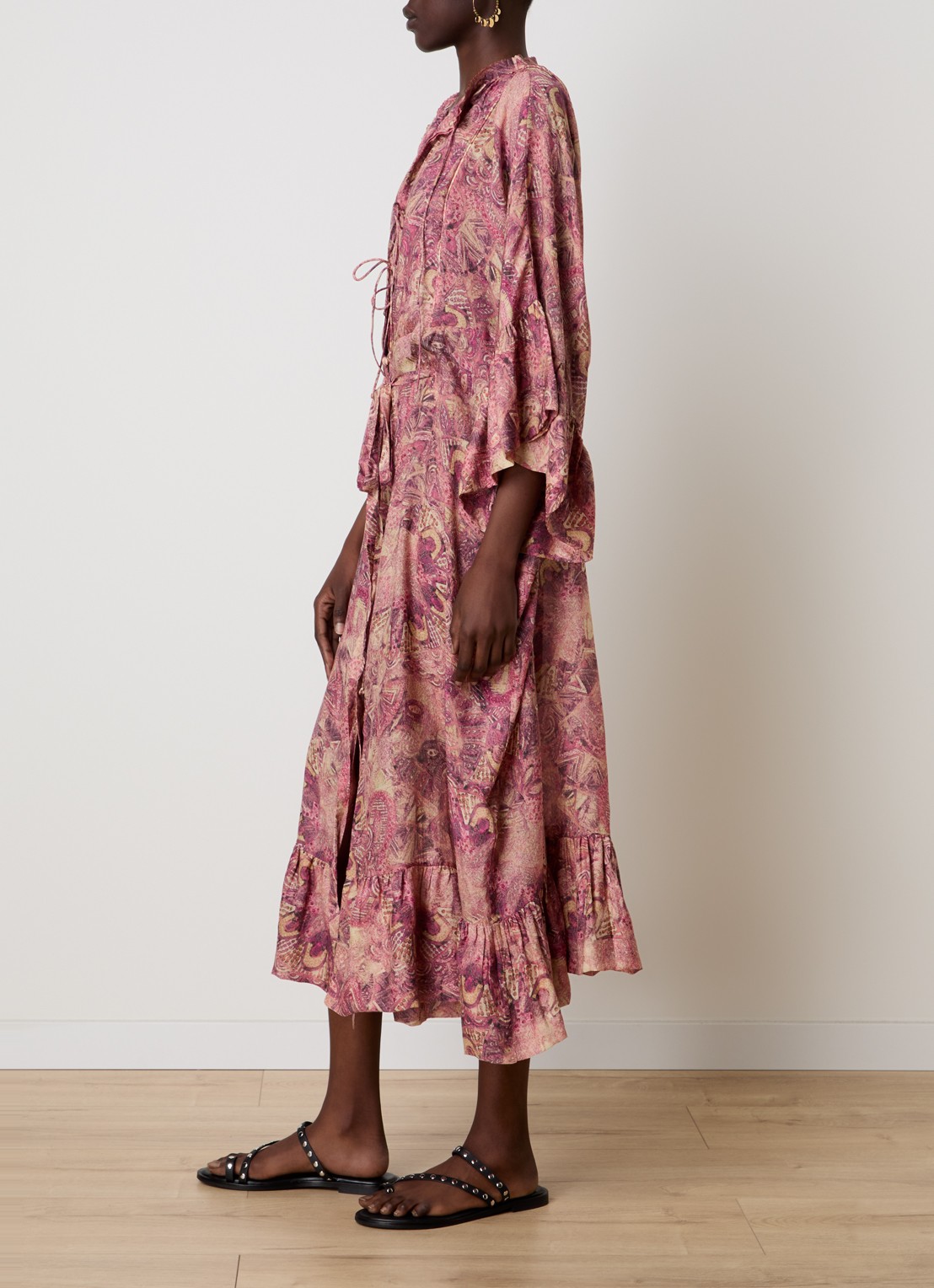 Isabel Marant Cylene maxi blousejurk van zijde met print en strikceintuur - voorkant 5 donkerroze