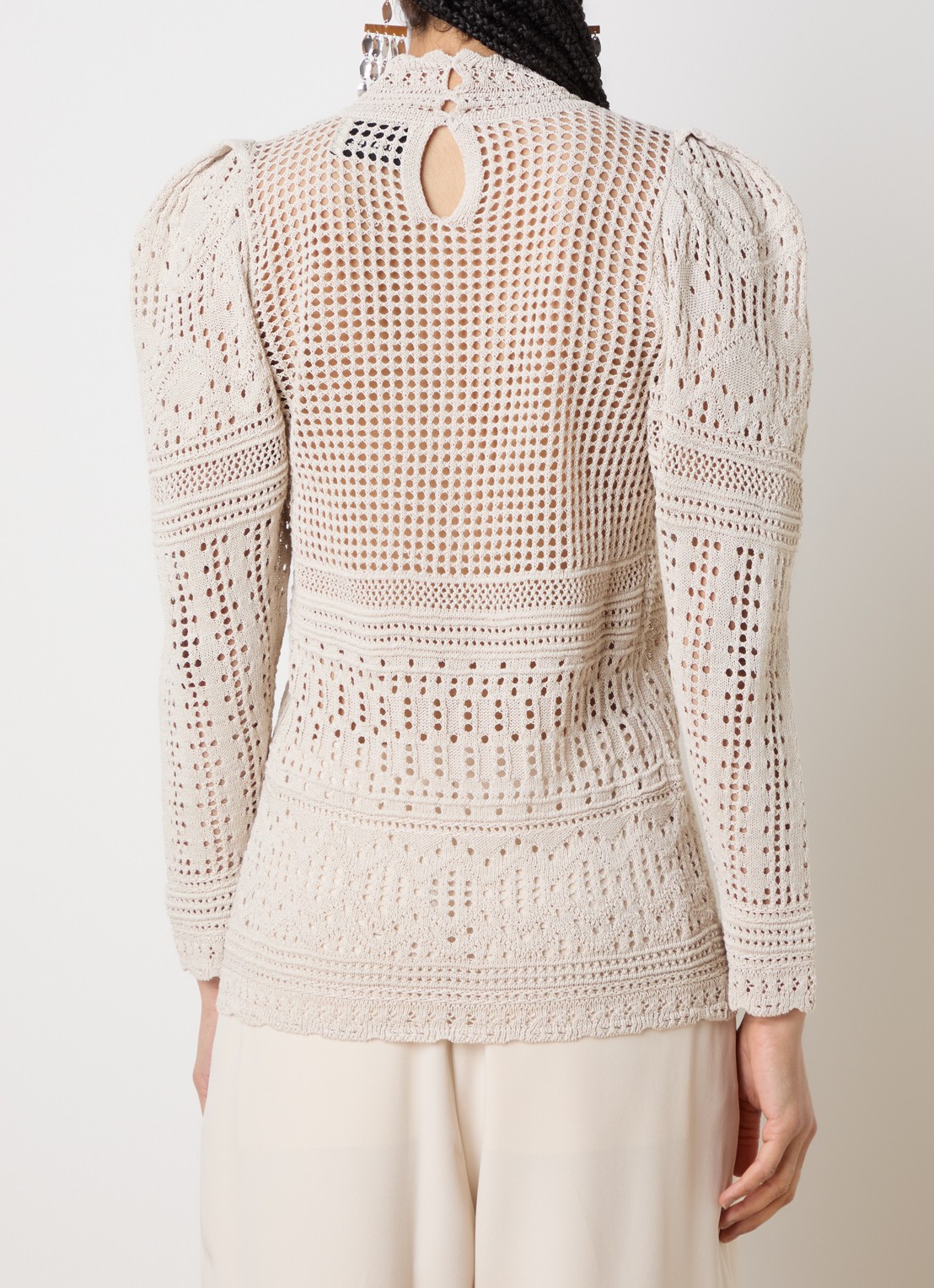 Isabel Marant Dahara grofgebreide top met opengewerkt dessin en pofmouw - achterkant beige