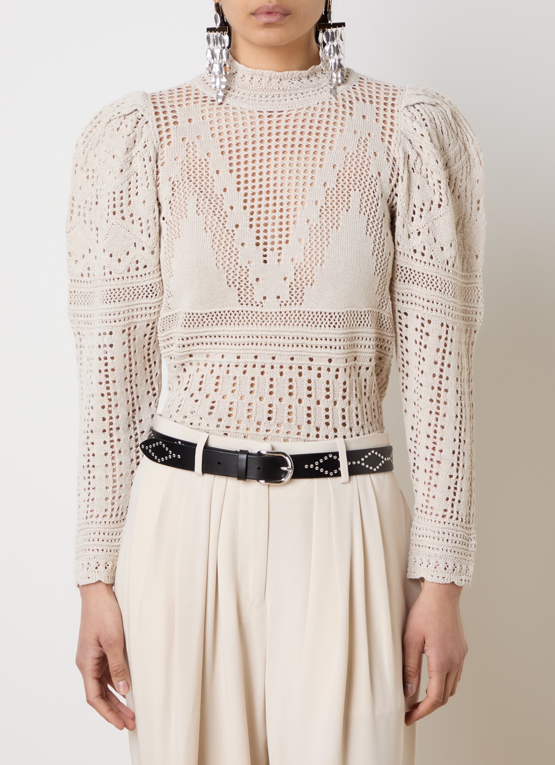 Isabel Marant Dahara grofgebreide top met opengewerkt dessin en pofmouw - detail 4 beige