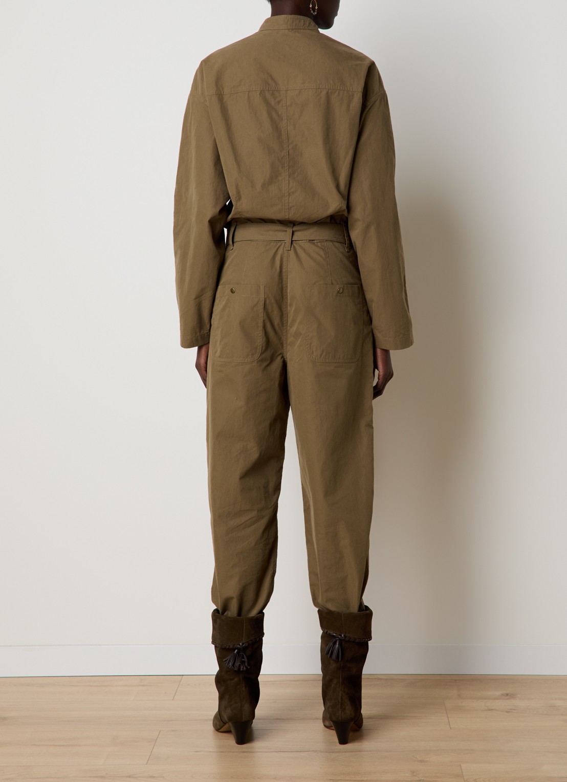 Isabel Marant Dahona tapered fit jumpsuit met steekzakken en strikceintuur - achterkant 3 khaki