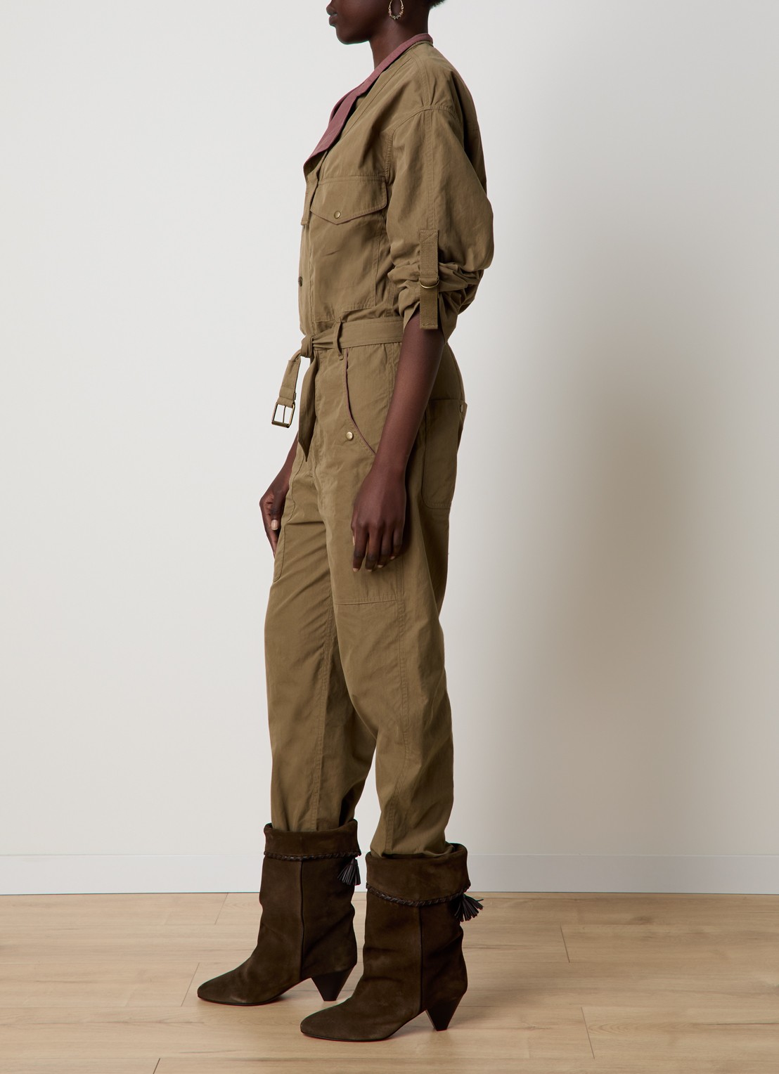 Isabel Marant Dahona tapered fit jumpsuit met steekzakken en strikceintuur - voorkant 2 khaki