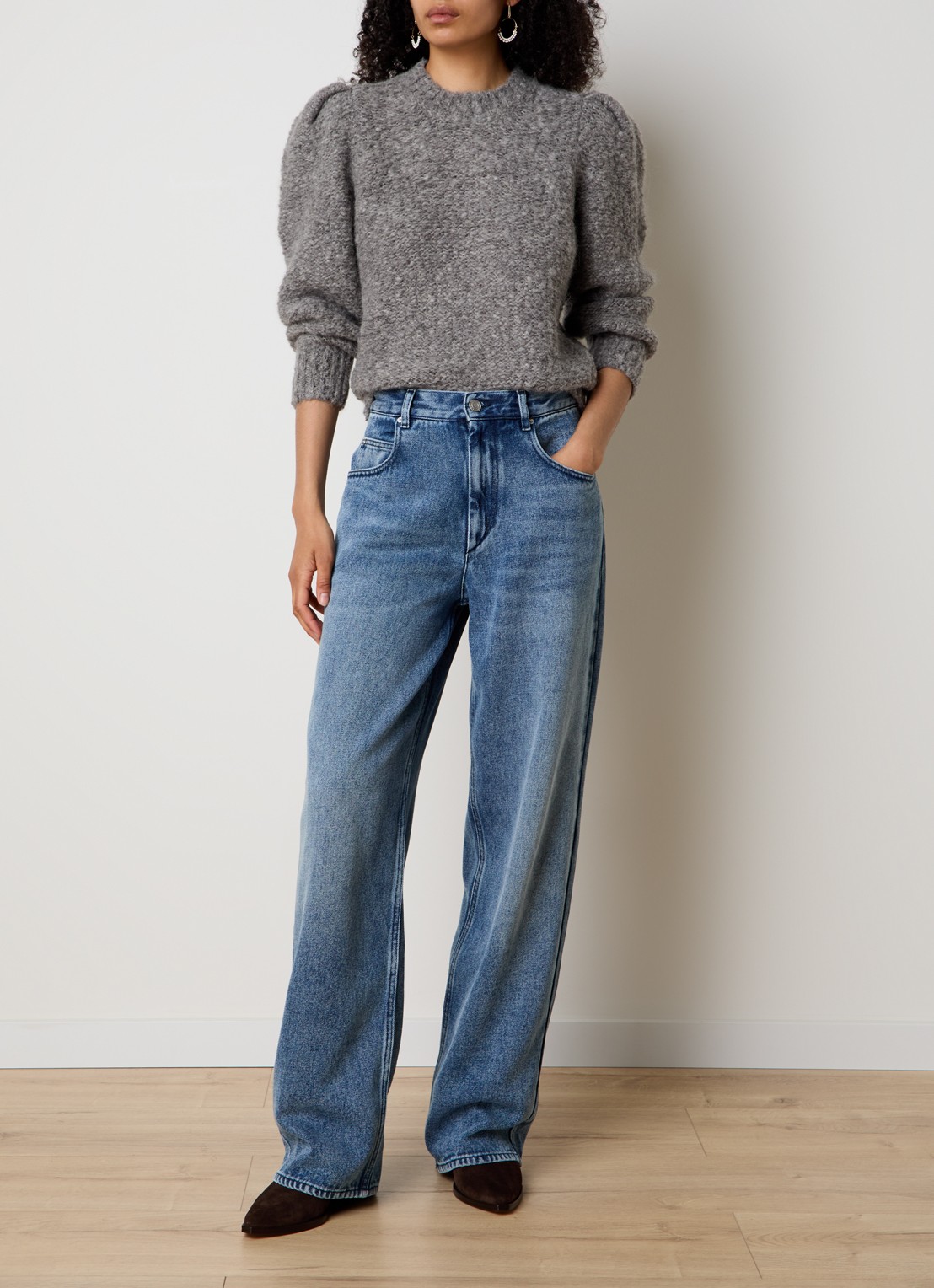 Isabel Marant Emma grofgebreide trui in alpaca wolblend met pofmouw - voorkant 5 grijs